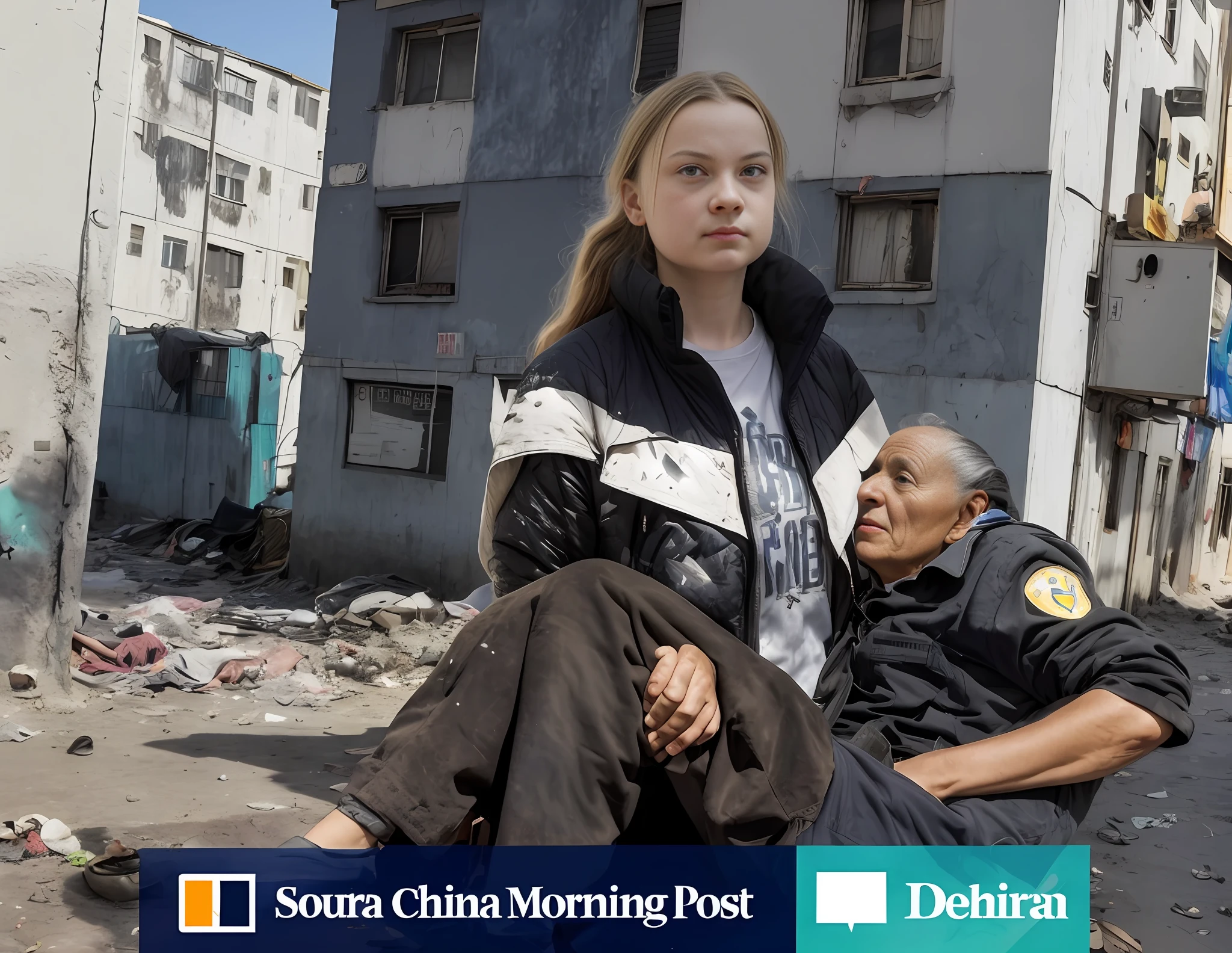 arafed woman holding a wounded elderly man in a dirty street with buildings in the background, greta thunberg as gollum, editorial photo, editorial image, photobashing, very coherent image, award winning press photo, ap, ap art, 💣 💥, abcdefghijklmnopqrstuvwxyz, in postapocalypse city --auto --s2