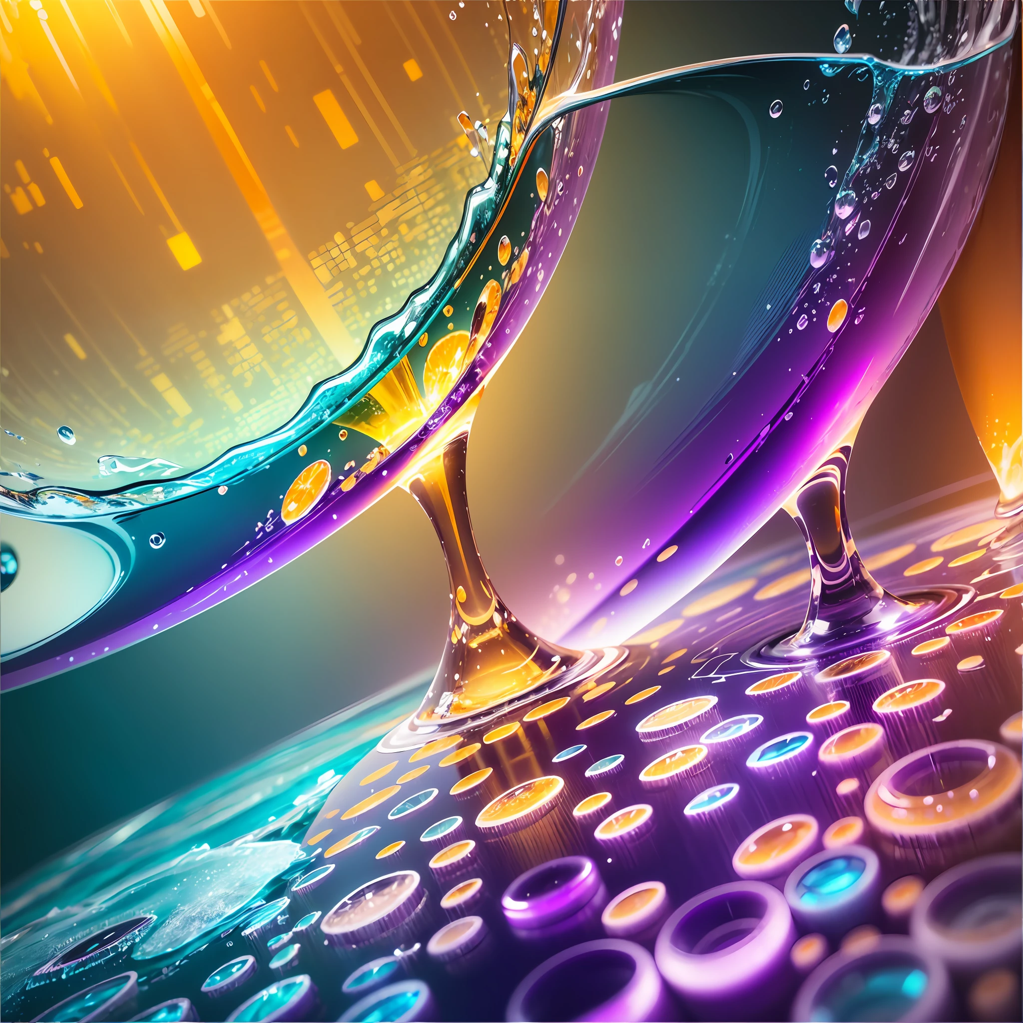 Computer Visualized Graphics, Realistic Fantasy, Extensive Landscape Ultrasound Photography (general view showing glass glass, water, ice, arelins, slices), blurred background, gloomy, yellow, orange, purple background, pink, warm, magic --auto --s2