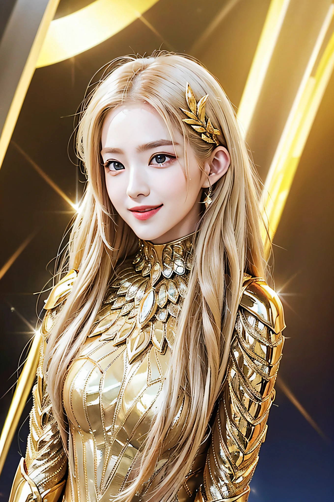 Golden diamond armor, long blonde hair, golden pupils, golden light background, golden transparent wings, diamond texture, smiling, golden eyes, flashing notes around, maiden, golden starlight, dazzling