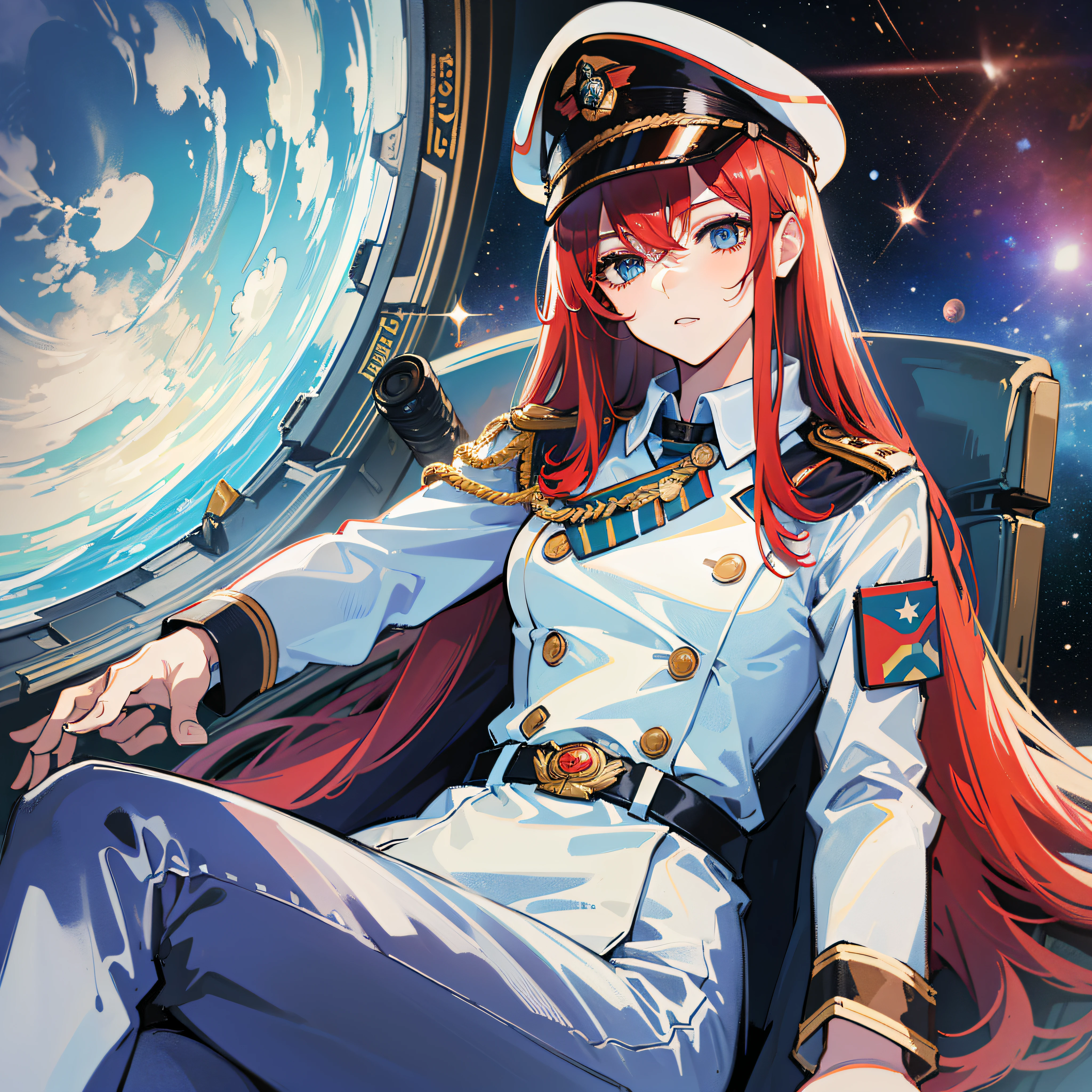 ((Masterpiece)), ((Highest Quality)), ((Best Quality)), (Illustration of One Girl), Full Body, 25 Years Old, Long Red Hair, (Thin Hair on Both Sides of the Face), Blue Eyes, (Tall)), ((Muscular Strong Body)), (Manspreading)), Open Legs, (((Military Uniform)), (Military Hat)), ((Military Coat)), (White Clothes), (White Pants), (White Hat), Trench Coat, ((Inside the spaceship, sitting in the captain's seat)), (outside the window, space, Earth seen from space, spaceport)