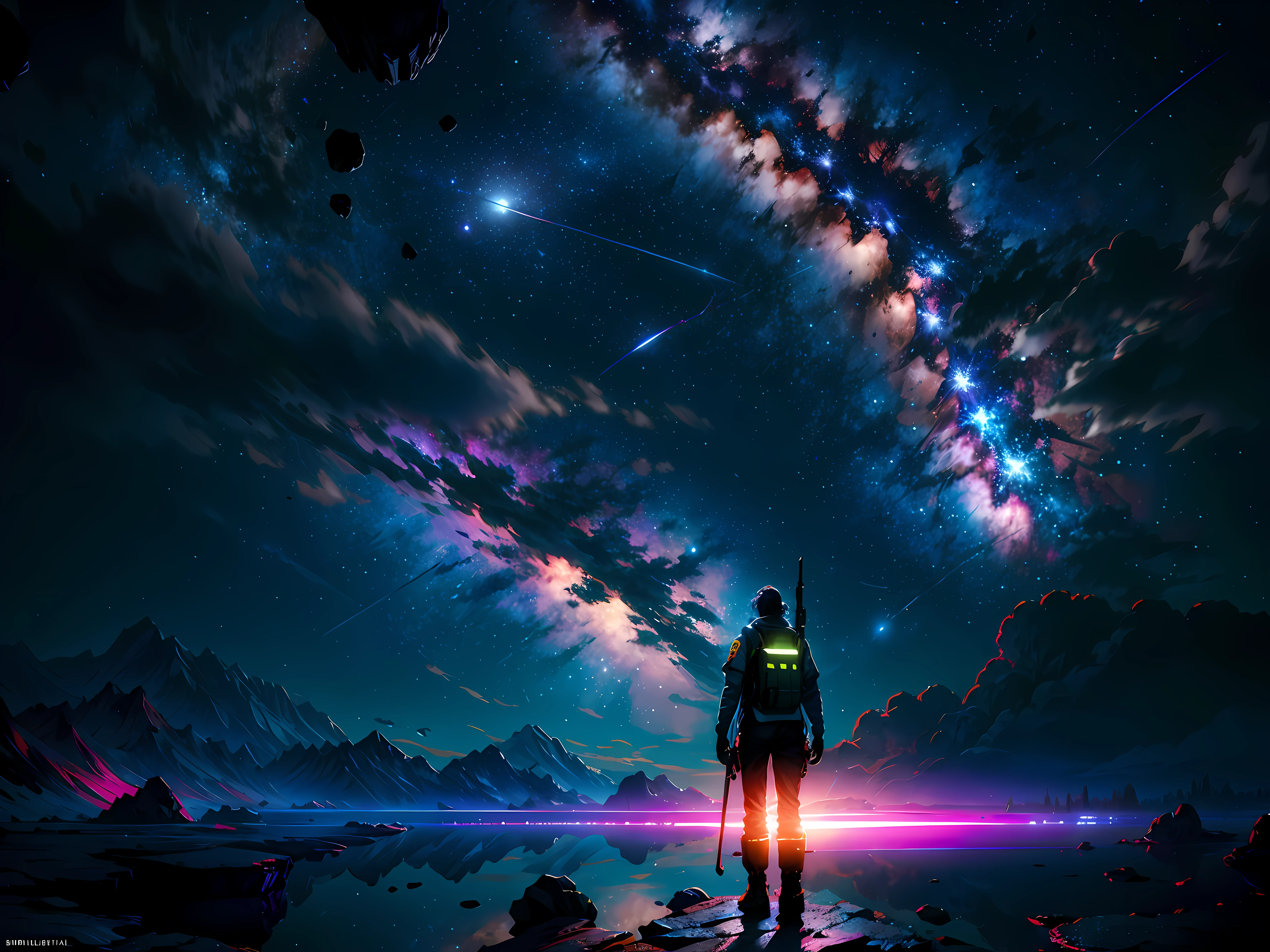 Draw a young female programmer, standing on a research platform floating in the middle of an asteroid belt.She is studying with a notebook, surrounded by several asteroids glowing with fiery auras BREAK Dramatic lighting from distant stars and planets illuminates the scene, casting deep shadows on the suit. The young woman looks confident and determined, looking at the vast and mysterious universe with wonder and respect,BREAK,Detailed,Realistic,4k highly detailed digital art,octane render, bioluminescent, BREAK 8K resolution concept art, realism,by Mappa studios,masterpiece,best quality,official art,illustration,ligne claire,(cool_color),perfect composition,absurdres, fantasy,focused,rule of thirds