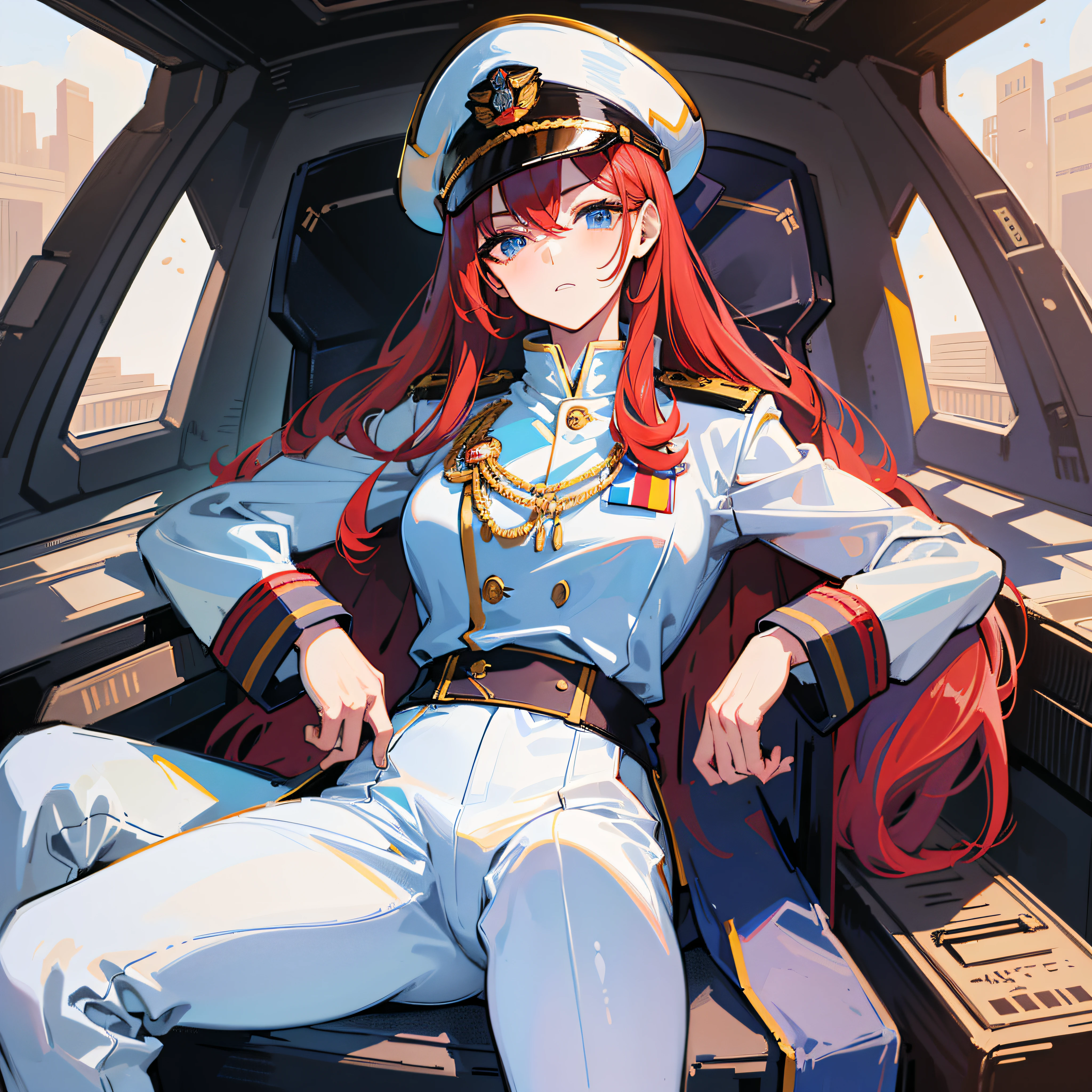 ((Masterpiece)), ((Highest Quality)), ((Best Quality)), (Illustration of One Girl), Full Body, 25 Years Old, Long Red Hair, (Thin Hair on Both Sides of the Face), Blue Eyes, (Tall)), ((Muscular Strong Body)), (Manspreading)), Open Legs, (((Military Uniform)), (Military Hat)), ((Military Coat)), (White Clothes), (White Pants), (White Hat), Trench Coat, ((Inside the spaceship, sitting in the captain's seat)), (outside the window, space, Earth seen from space, spaceport)