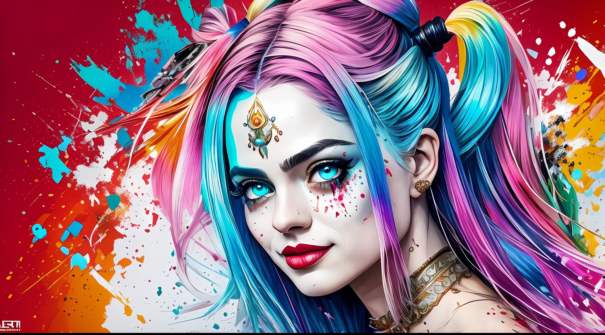 Create a medium shot, colored digital line art portrait of harley quinn character in the style of artists like Russ Mills, Sakimichan, Wlop, Loish, Artgerm, Darek Zabrocki, and Jean-Baptiste Monge. Include colorful splatter drippings, paper texture, and perfect shading, with dramatic lighting. The artwork should be centered, stylized, and elaborate, with a beautiful dress, gorgeous eyes, and a dynamic pose. TanvirTamim. rendered in 8K resolution for high-quality detail,anatomia perfeita, mãos com 4 dedos e 1 polegar, renderizado em resolução 8K para detalhes de alta qualidade, qualidade de imagem 8K, imagem em alta resolução 8K, hiper detalhado, super realista, detalhes intricados