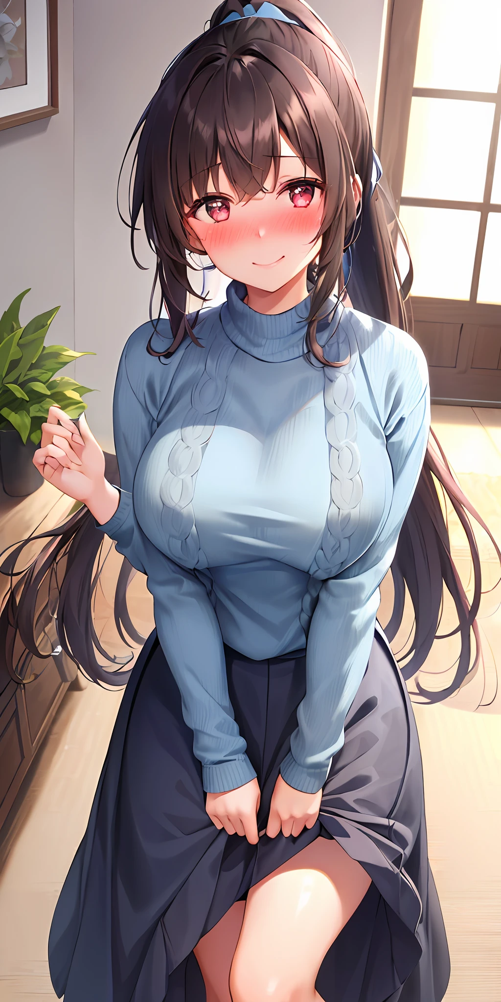 1girl, solo, dark brown ponytail, (long side hair), large breasts, ( blue sweater, long skirt), (blushing:1.4), smiling, (breath:1.5), living room