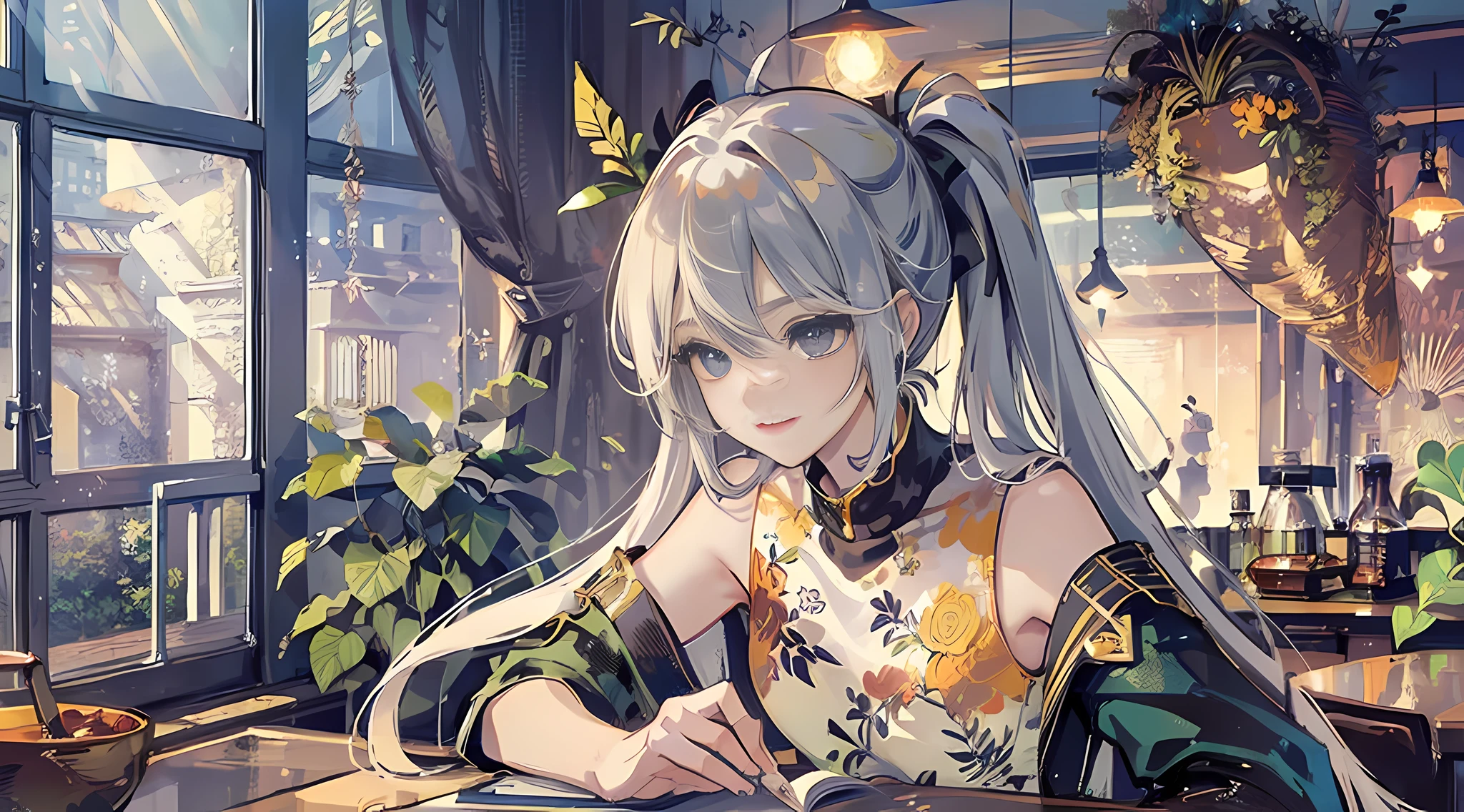 (Masterpiece:1.2, high quality), (pixiv:1.4),afternoon, classroom, lazy, silver-haired girl, desk, sunlight, warm, gentle, nap, silver locks, velvet, soft, serene, picture, filters, mysterious, unique, glow, posture, relaxed, extended, respite, arms, support, upper body, head, forearm, elegant, pose, tranquility, serenity, face, eyelashes, flutter, dreamy, corners of mouth, lift, smile, quiet, harmonious, ambiance, artwork, serenity, dreaminess, presence, poetry, enchantment.