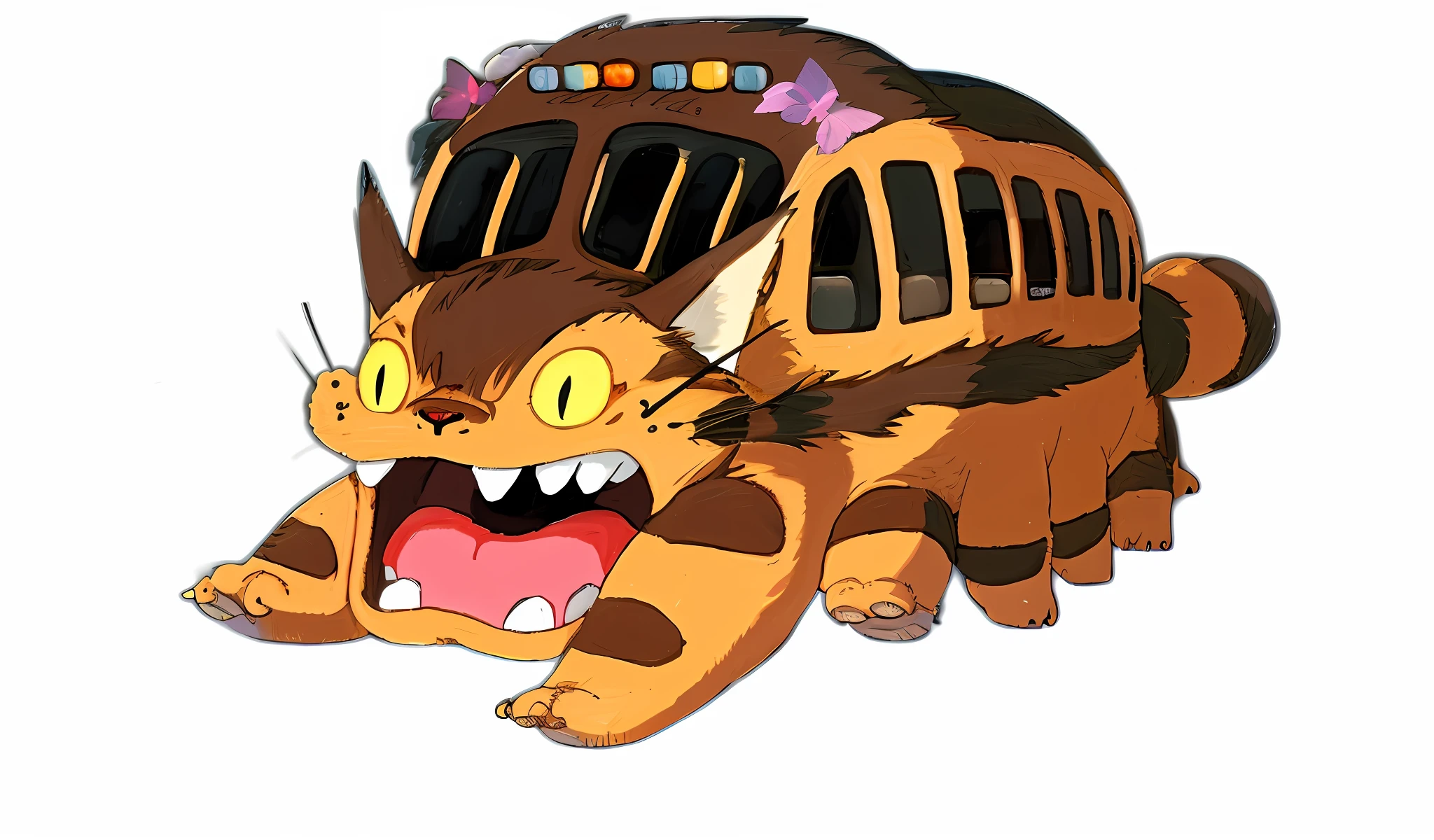Cartoon cat with bus shaped like bus, Totor, Ghibli style, anime cat, Hidetaka Miyazaki, Studio Ghibli anime style, Ghibli anime style, Ghibli anime style, Studio Ghibli trend, Studio Ghibli style, My neighbor Totoro, Studio Ghibli filter, Gelbooru anime image, Hayao Miyazaki, put the original painting in details, add background to the original painting, run on the hillside at night, moon, full body close-up