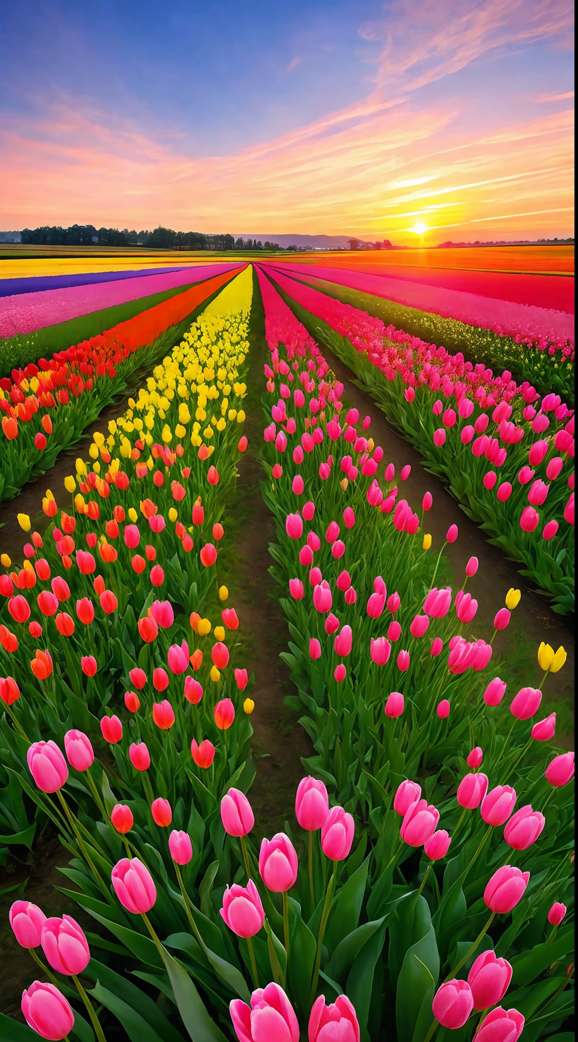 Spring,tulip field,sunset,beautiful sky,
distant viewwide angle