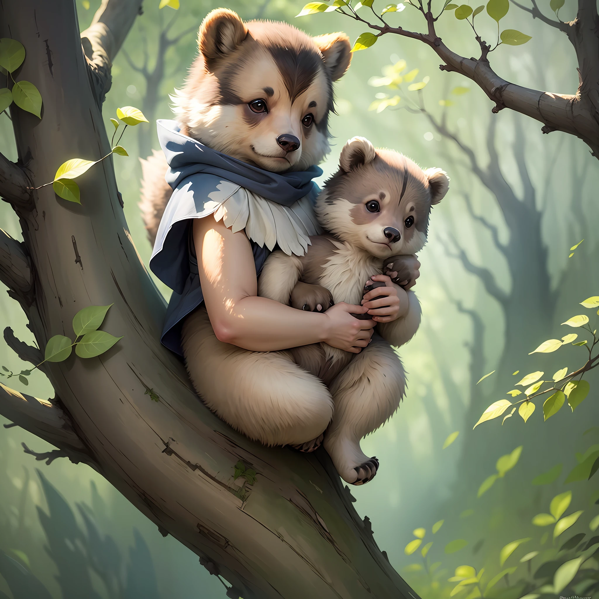 A baby bear (with paws) climbing a tree to reach a hive, full body, drawing a face in maximum quality, high quality drawing of the face, character sheet, illustration for book, children's book, brown skin, watercolor clipart, full illustration, 4K, sharp focus, watercolor, soft lighting, detailed face, watercolor style. Octane rendering, 3d, perfect face, detailed face, delicate face, detailed eyes. Aaron Blaise, Tim Hodge, Frédéric Pillot, watercolor style. --auto --s2