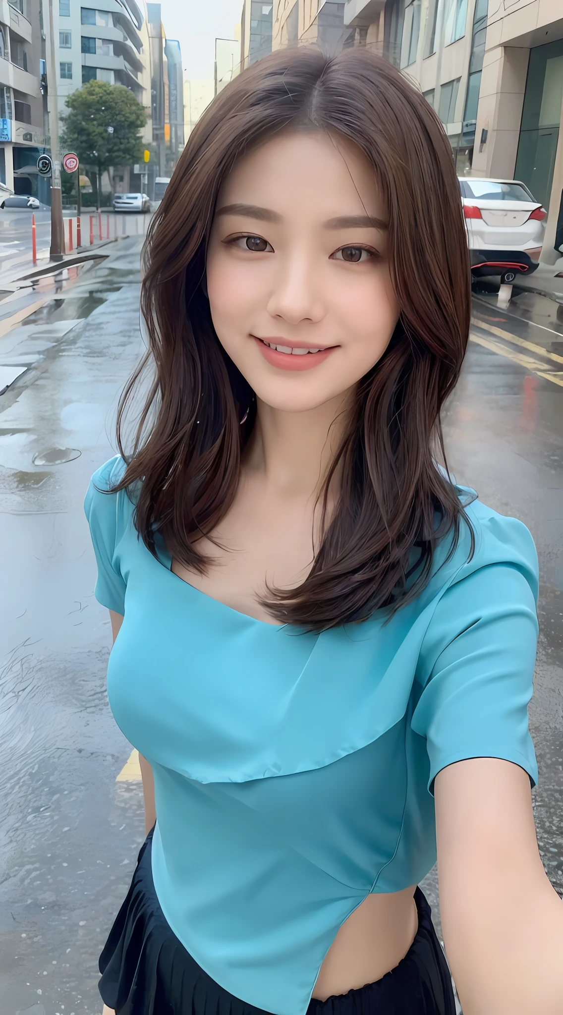 ((Best Quality, 8K, Masterpiece:1.3)), Focus: 1.2, Perfect Body Beauty: 1.4, Buttocks: 1.2, ((Layered Haircut, Breasts: 1.2)), (Wet Clothes: 1.1), (Rain, Street:1.3), Bandeau Dress: 1.1, Highly Detailed Face and Skin Texture, Fine Eyes, Double Eyelids, Whitening Skin, Long Hair, (Shut Up: 1.3), Smile. By the valley creek, there are obvious cleavage, big breasts