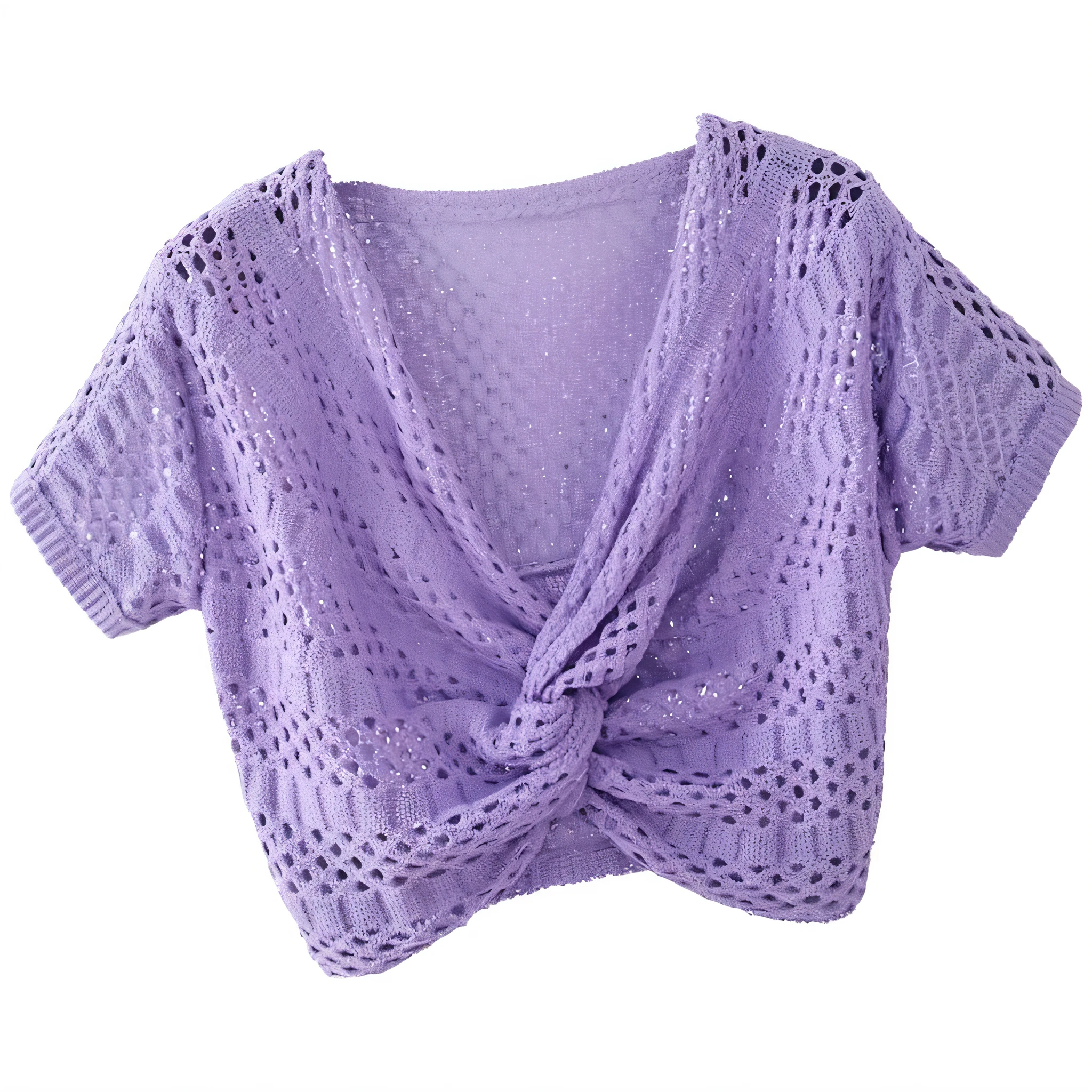 a close up of a purple top with a knot on the front, purple top, purple clothes, crop top, open v chest clothes, mesh shirt, purple, purple halter top, purple vest, light purple, croptop, violet coloured t-shirt, lilac, lavender, chest coverd, short sleeves, draped in purple, bralette, violet, chiffon