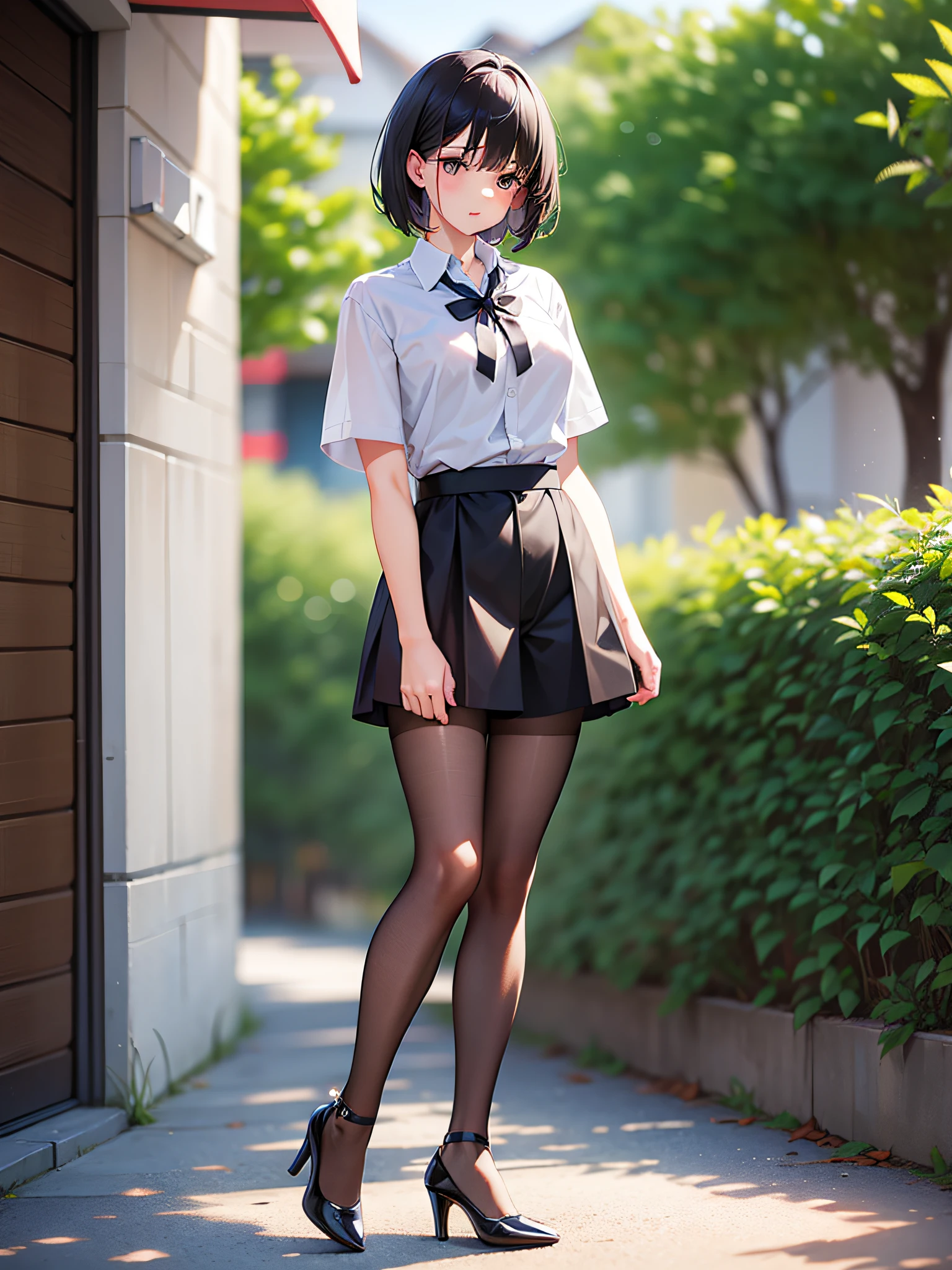 Black hair short, short clothes with white collar sleeves, khaki shorts, pantyhose, girl, outdoor, high heels