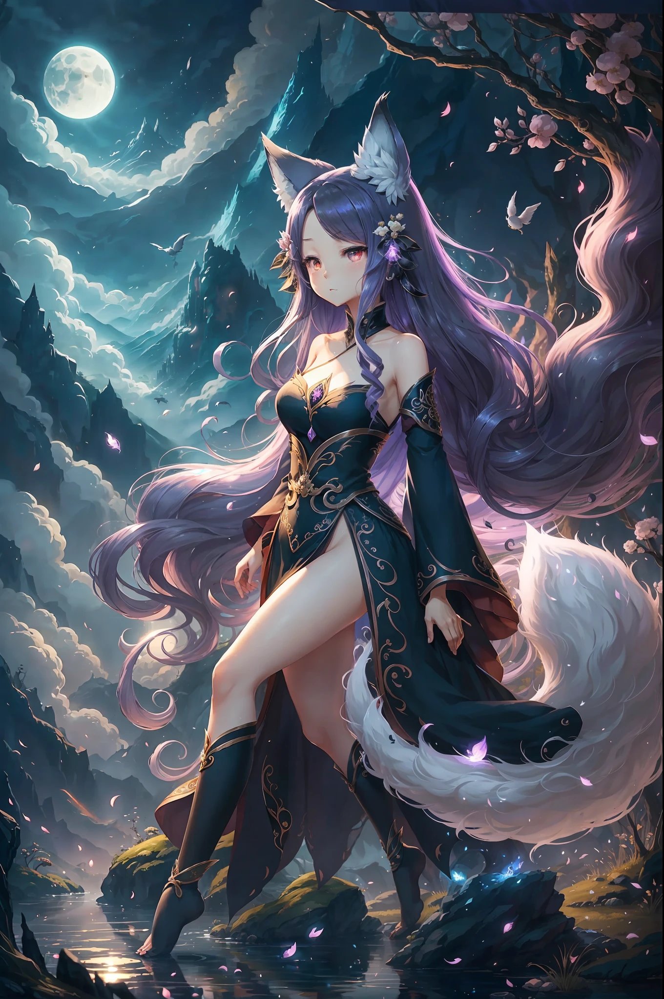 Fairy-like landscape, sacred nine-tailed black fox fairy, small head, majestic spirit, very visible hair, big tail, nine-tailed, nine-tailed, vista, very visible, Chinese art, clever lighting, hazy responsibility, Mohabak protecting the fox, stream, charming, immortal, fluffy, shiny mane, sideway full body, Wonderland, Studio Ghibli, Super wide Angle, 8k --auto --s2