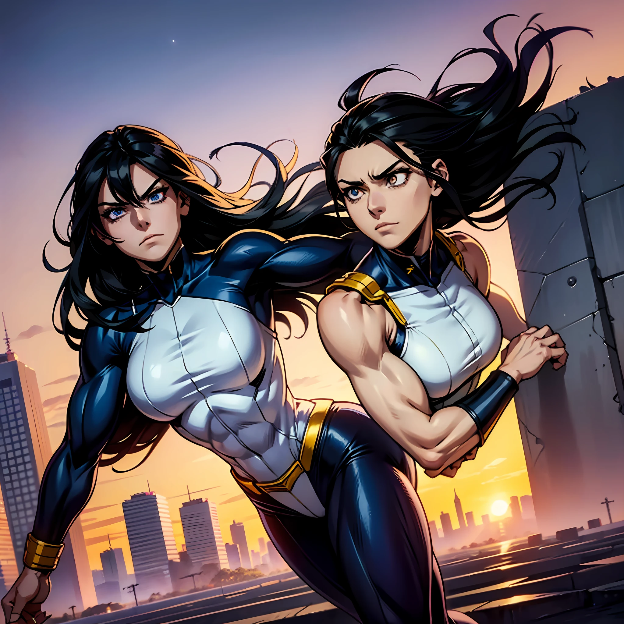 "A female version of All Might, Boku no Hero style, anime. perfect combination of strength and beauty: black hair, spooky eyes, defined muscles, heroic white uniform and zinza, urban backdrop with immense skyscrapers and winding roads underneath – all in the light of the sunset." (en)