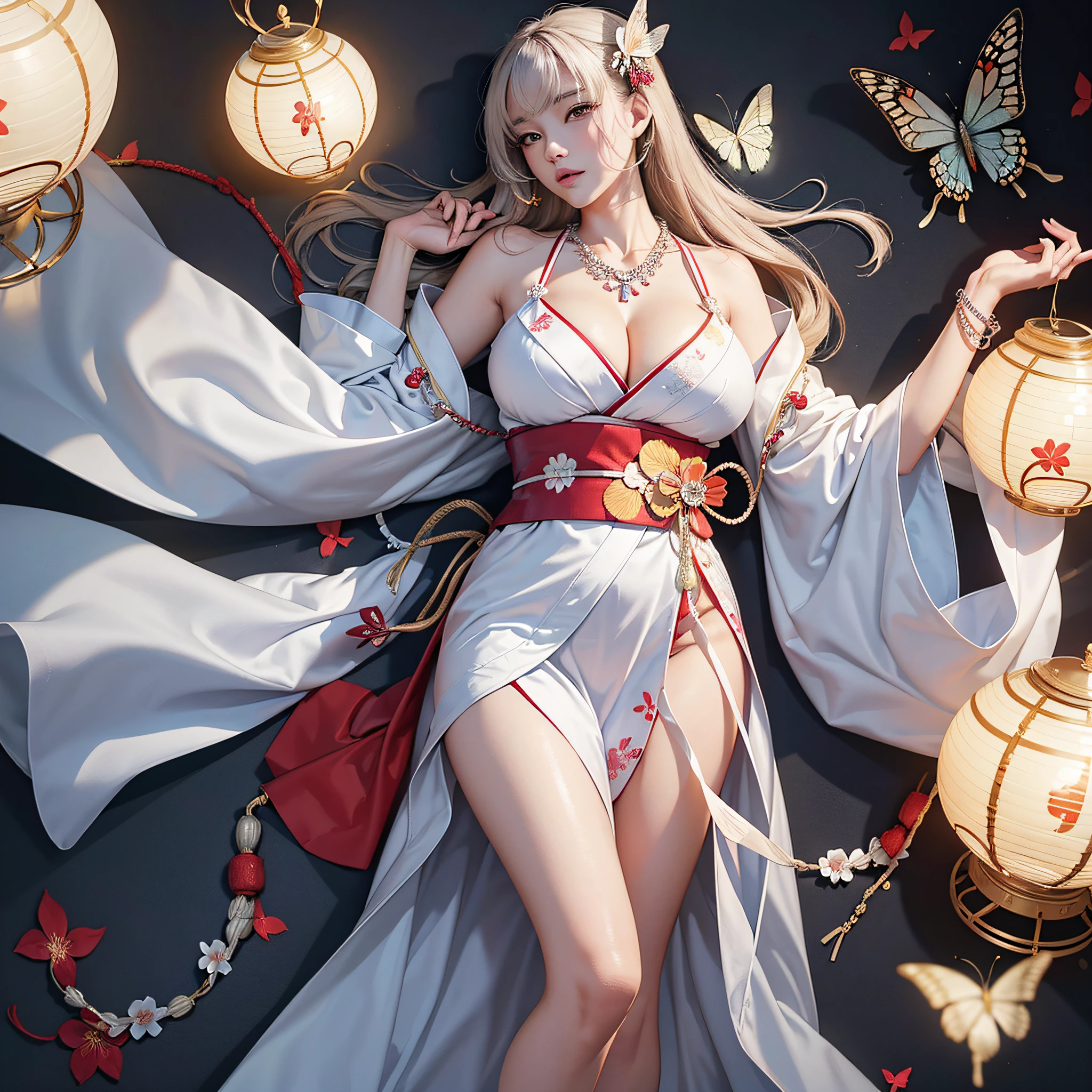 (legs wide open, crotch wide open), (cinematic light, top quality, 8K, masterpiece: 1.3), (world wonderful, goddess of Japan, Japan beautiful girl, Korean goddess), (upper body), (one girl), (necklace, bracelet, anklet, leg ring), (huge, cleavage, exposed breasts, sexy cleavage, highly detailed breasts), (huge breasts), (huge breasts), À la Fed woman in kimono, kimono, classic kimono, kimono, Japan kimono, long beautiful flowing kimono, intricate geisha kimono, white kimono with butterfly pattern, Japanese style, wearing kimono, legs open, crotch open, inspired by Kano Hōgai,