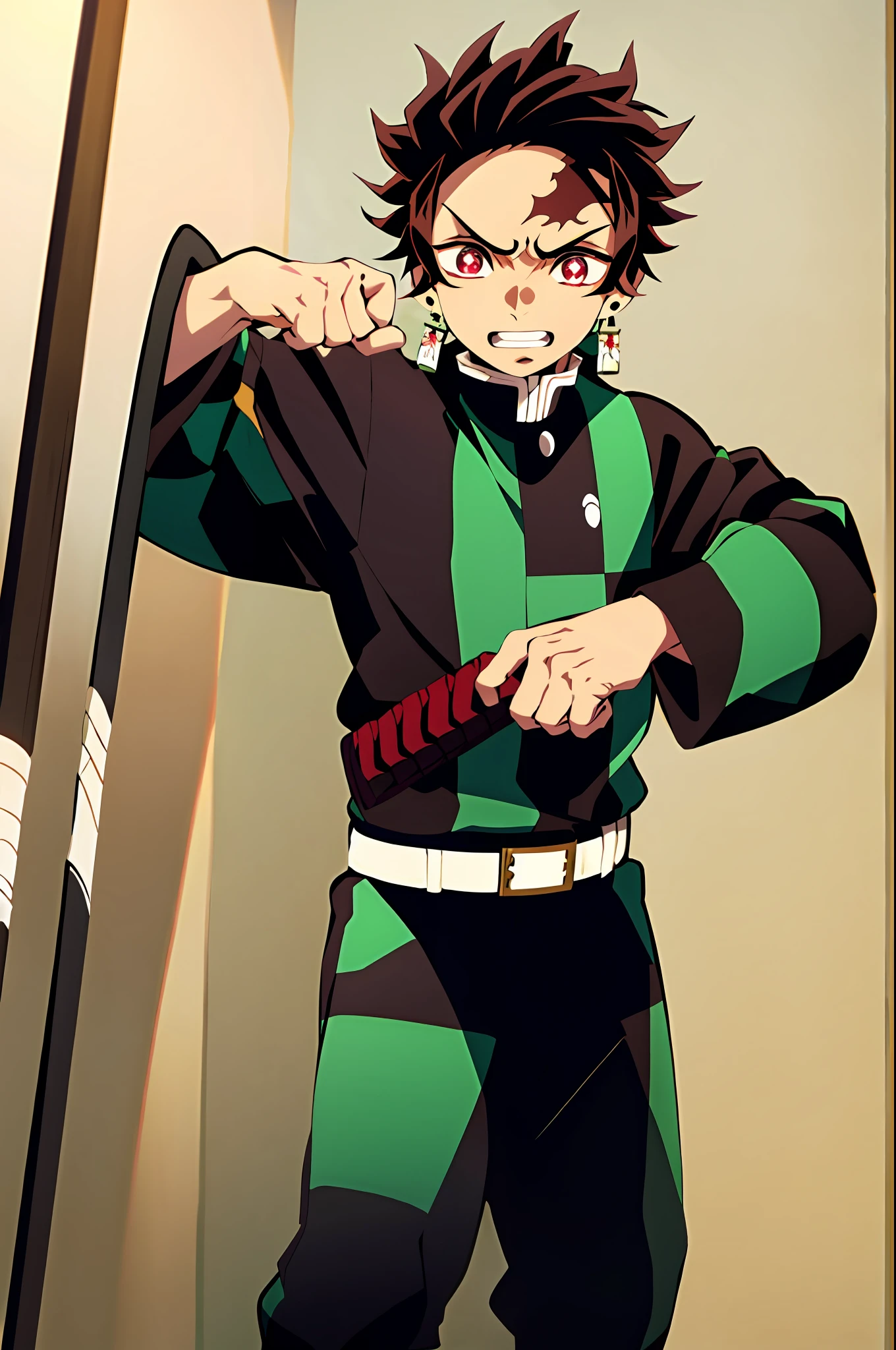 kimetsu no yaiba style, kamado tanjiro, demon slayer uniform, 1boy, male focus, weapon, scar on forehead, earrings, teeth, jewelry, pants, brown hair, belt, japanese clothes, haori, green haori with black and gold checkered pattern, solo, red eyes with white pupils, long sleeves, anime coloring, holding a black sword with a silver guard and a green hilt wrap