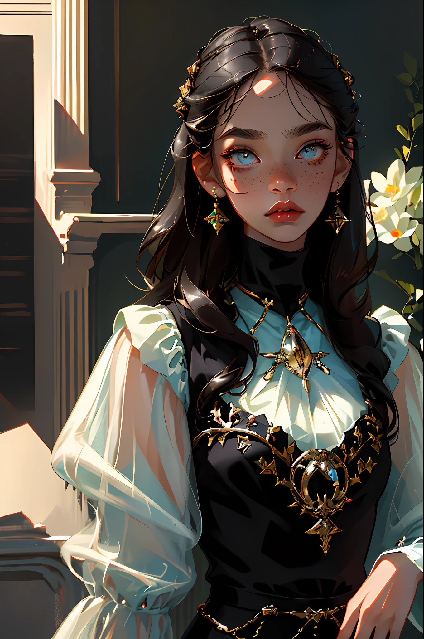 (best quality, masterpiece), 1girl, fashion clothes, gucci, model, fine details on face, elegant, fashion, movie light, light eyes, (dark circles), small freckles on face, stylist clothing, neutral colors, dark hair, indirect light, (black hair)