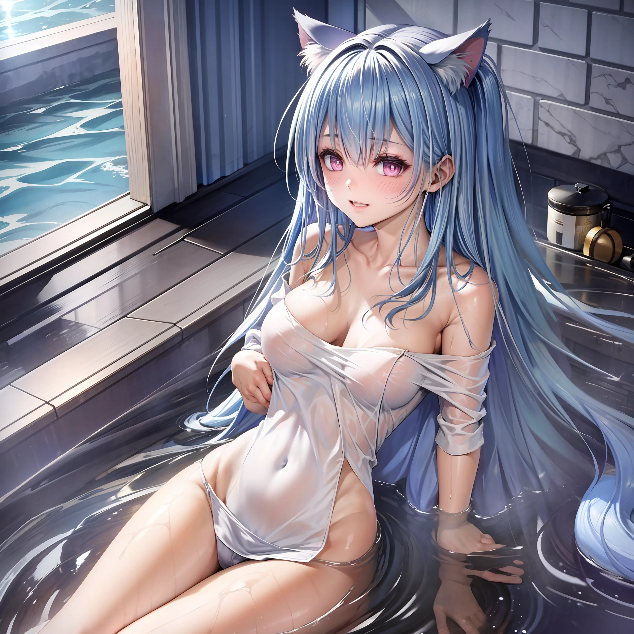 naked shirt, 1girl,, towel, big, watching viewers, solo, bathroom, split, wet, sitting, water, blush, smile, collarbone, thighs, sunshine, bath, outdoor, rock, partially locked, white shirt, blue hair, downturned cat ears