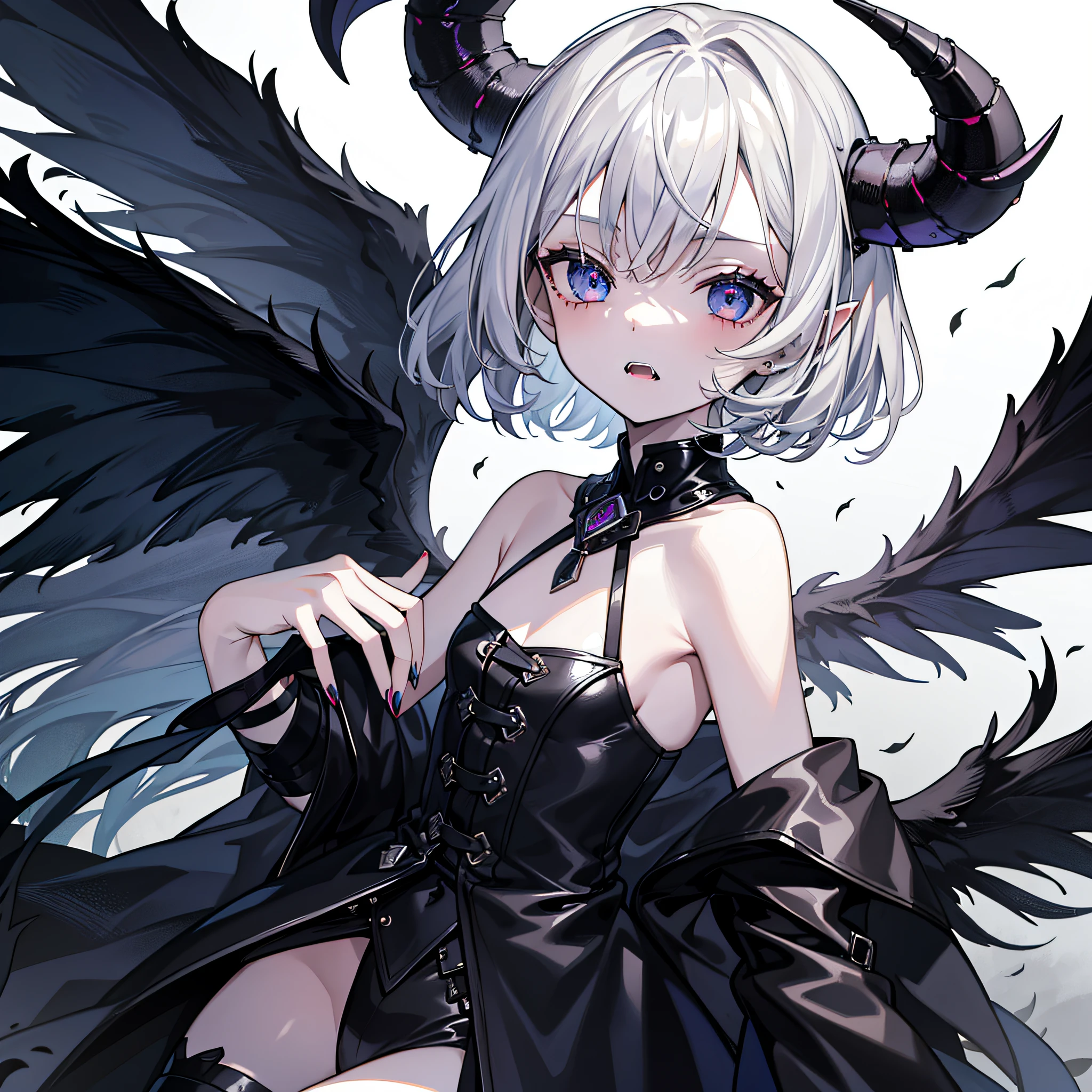 (8k, top quality, masterpiece), one girl, , silver-haired, short-haired, beautiful eyes, scary, horns, black wings, fangs, cool,