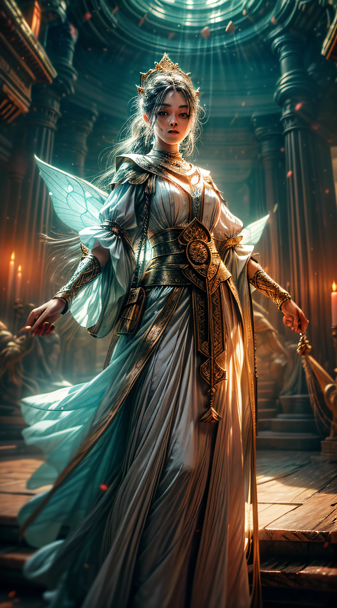 Best image quality, masterpiece level, ultra-high resolution, realism, fantasy theme, facial details, a girl, single, scattered, mythological theme, noble pose, white loose fringed long skirt, interior, candle, get detailed interior lighting and movie lighting, increase detailed overall ambient light, face and eye details, improve the realism of body details, clearly express sharp focus, angry expressions, fairy costumes, bright eyes, simple background, palace.