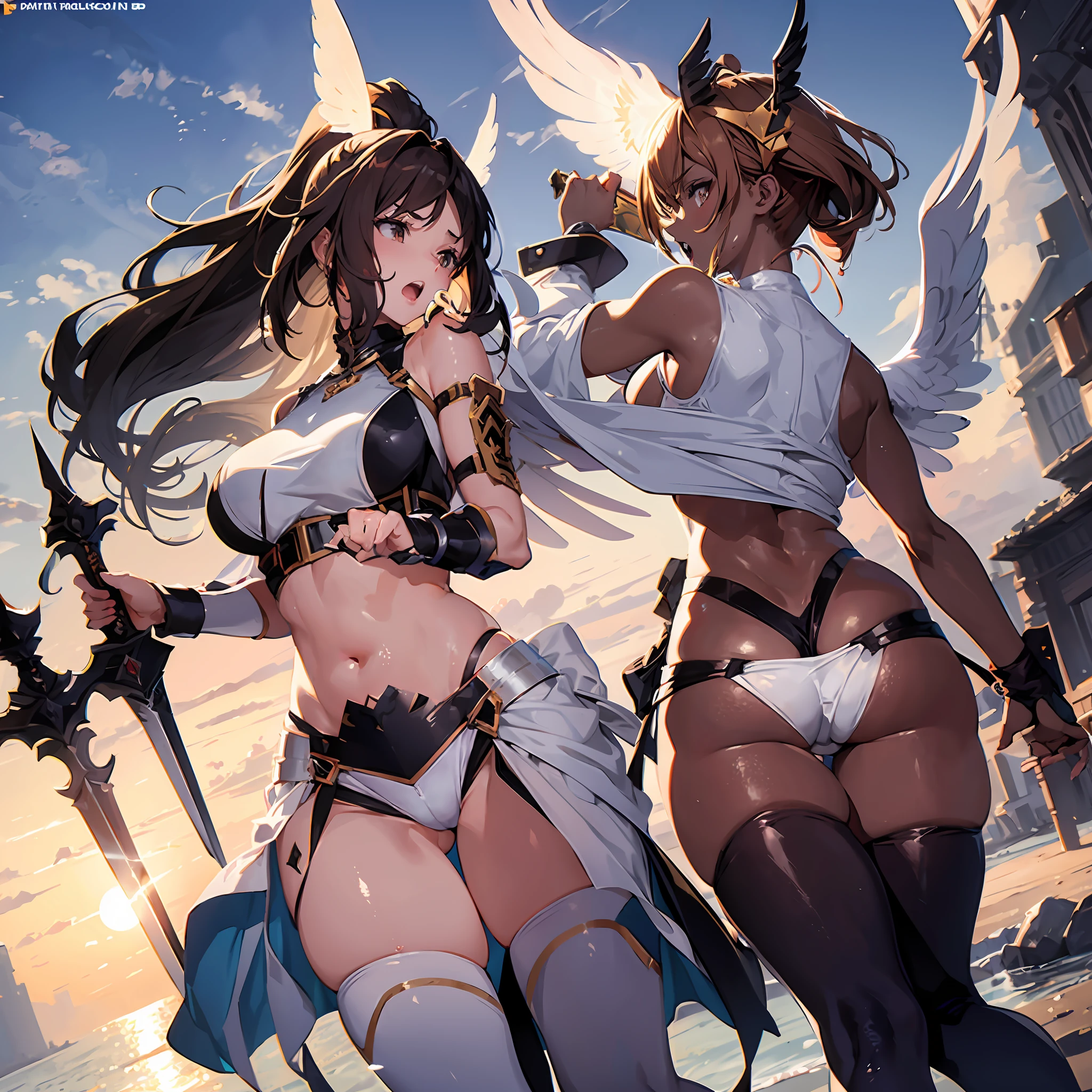 fantasy, 1angel_girl, brown_hair, ponytail_hair, (dark_skin)+, plump, bare_shoulder, navel, thigh,silver_shiny_armor, white_clothes,waist_armor, grebe, hold_swords, big_, angry, dynamic_fighting_pose, floating, (1pair_white_wings), sunrise_city_background,(pelvic_curtain)++, open_mouth, headgear, large_ass,public_indecency,