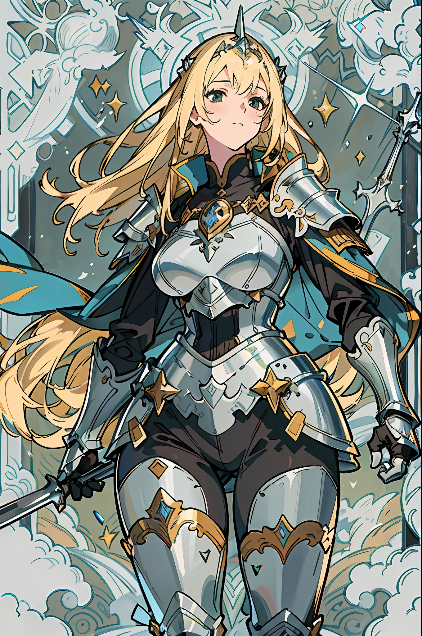 Fantasy concept art, 8k resolution, deviantart masterpiece, oil painting, fantasy world, exquisite detailed beautiful face, beautiful female knight, adventure world, high resolution, fine, blonde hair, silver armor, spear, black war horse, battlefield, brave, walking ahead, tall figure, cape, handsome, (good figure)