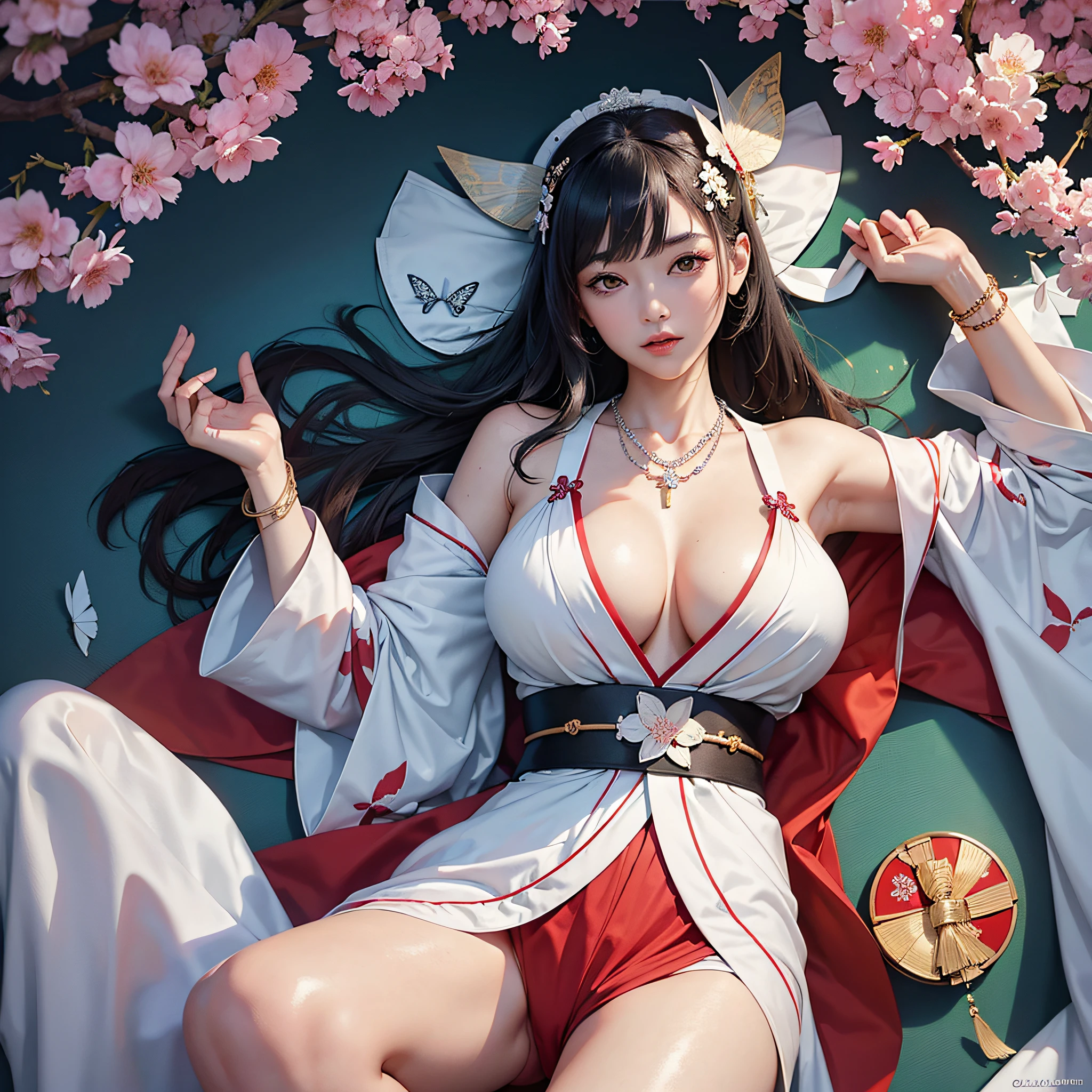 (legs wide open, crotch wide open), (cinematic light, top quality, 8K, masterpiece: 1.3), (world wonderful, goddess of Japan, Japan beautiful girl, Korean goddess), (upper body), (one girl), (necklace, bracelet, anklet, leg ring), (huge, cleavage, exposed breasts, sexy cleavage, highly detailed breasts), (huge breasts), (huge breasts), À la Fed woman in kimono, kimono, classic kimono, kimono, Japan kimono, long beautiful flowing kimono, intricate geisha kimono, white kimono with butterfly pattern, Japanese style, wearing kimono, legs open, crotch open, inspired by Kano Hōgai,