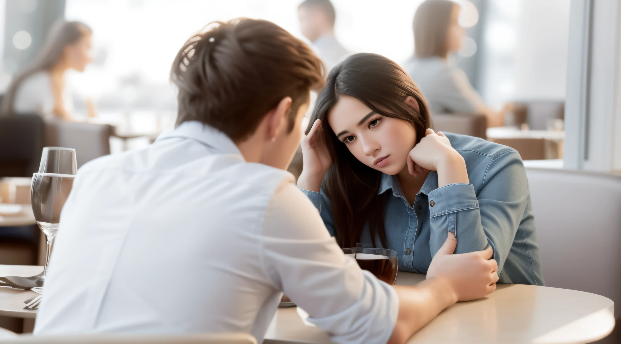 they are sitting at a table in a restaurant talking to each other, intense flirting, emotional conflict, struggling, intense moment, looking at each other mindlessly, having an awkward dinner date, concerned, flirting, very intense, half image, sad look, looking sad, making eye contact, concerned expression, awkward situation, awkward, thoughtful expression, looking across the shoulder
