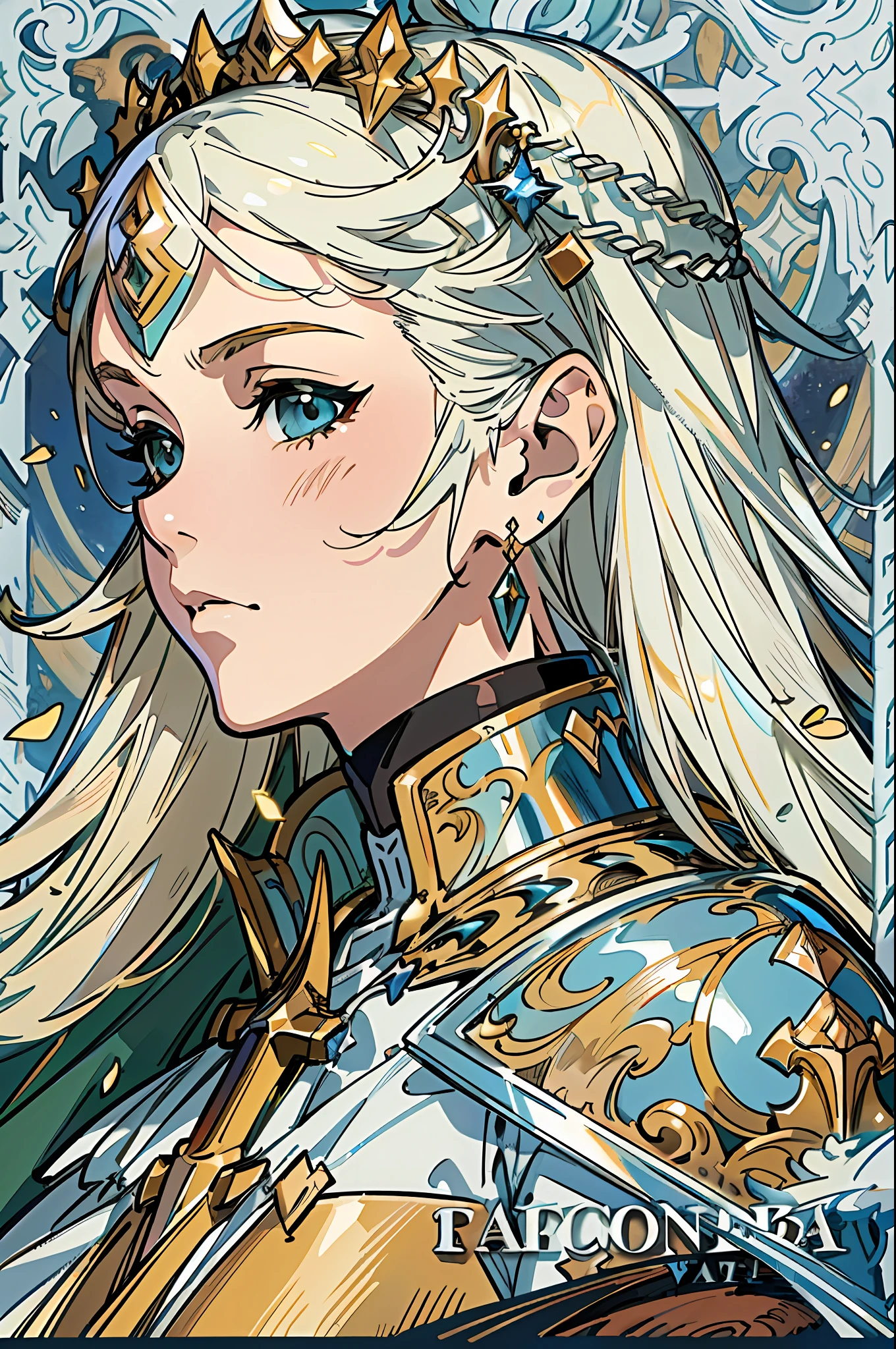 Fantasy concept art, 8k resolution, deviantart masterpiece, oil painting, fantasy world, exquisite detailed beautiful face, beautiful female knight, adventure world, high resolution, fine, blonde hair, silver armor, spear, black war horse, battlefield, brave, walking ahead, tall figure, cape, handsome, (good figure)