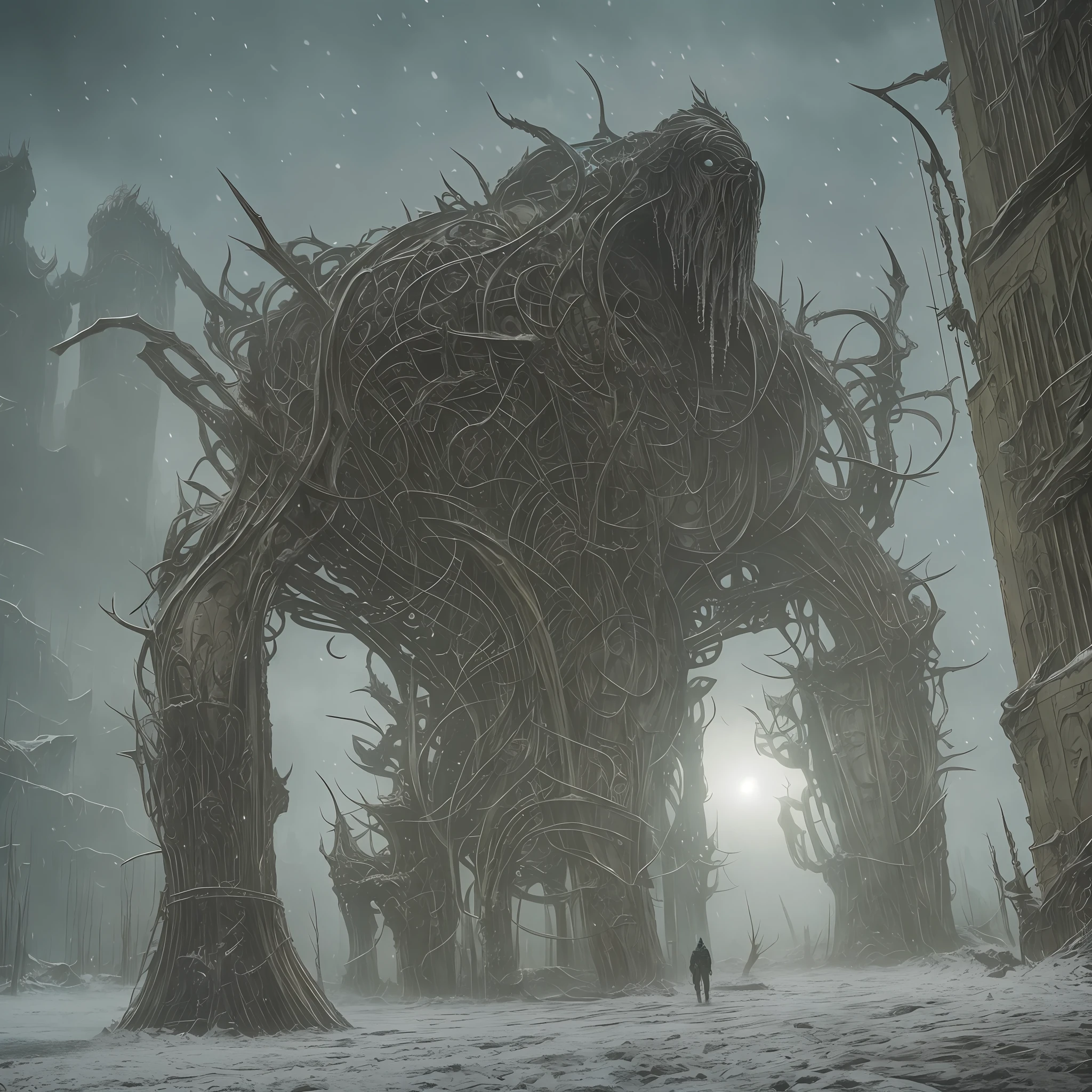 there is a man standing in front of a giant sculpture, elden ring monster, giant ethereal creature, peter gric and dan mumford, elden ring boss, big chungus as elden ring boss, bloodborne monster, eerie nostalgic concept art, dramatic concept art, elden ring concept art, beksinski and dan mumford, winter concept art