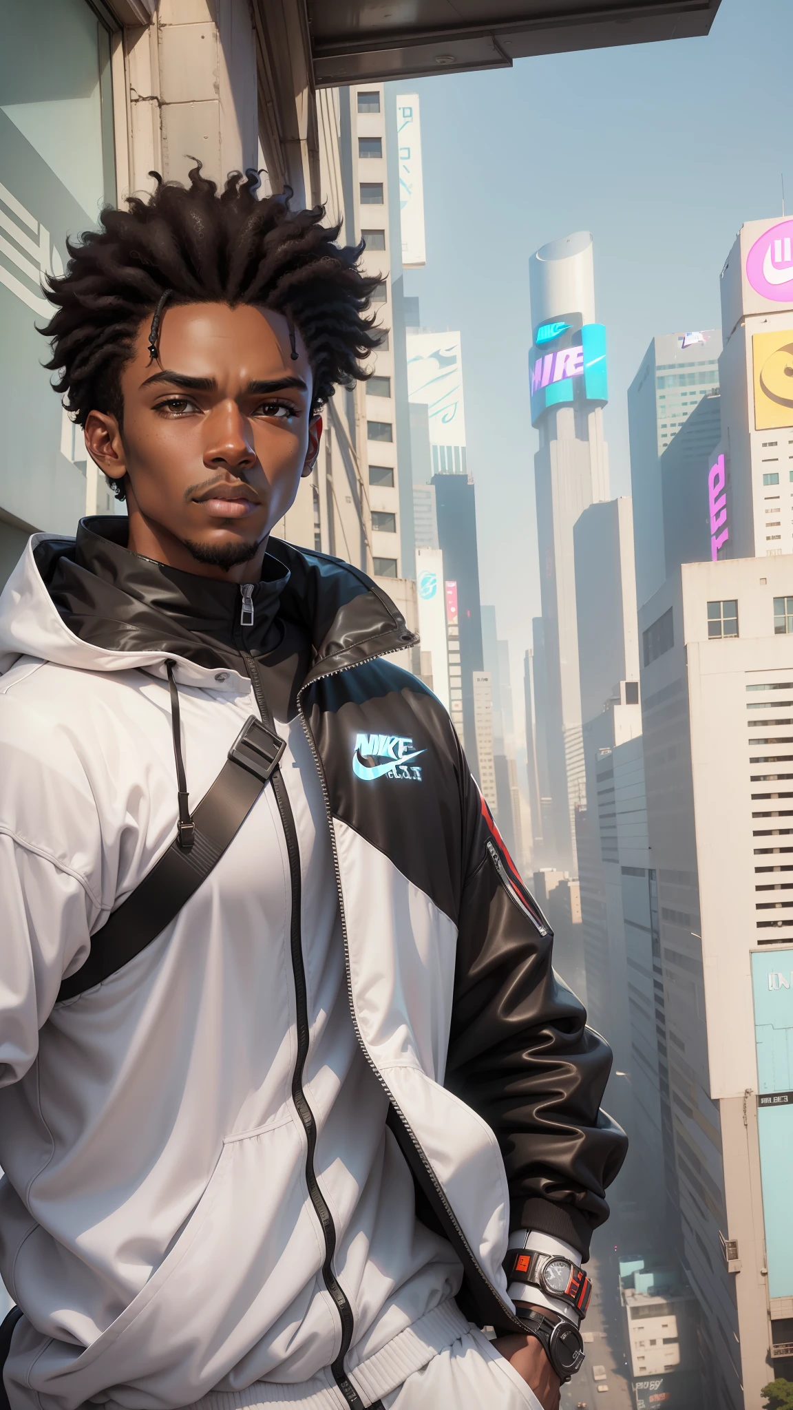 Best Quality, Masterpiece, Ultra High Resolution, (Realism: 1.4), Original Photo, 1Guy, (Black Race), (Brown Skin: 1.4), (Detailed Face),Black Eyes, Off-the-Shoulders, Cinematic Lighting, Black Hair, (Curly Hair), (Black Power Hair) At sunset, high from an open area in a building, (Nike sneakers), fashion, wearing trendy clothes, anime style 90s, in a cyberpunk city,  (neon by the city), semi futuristic city