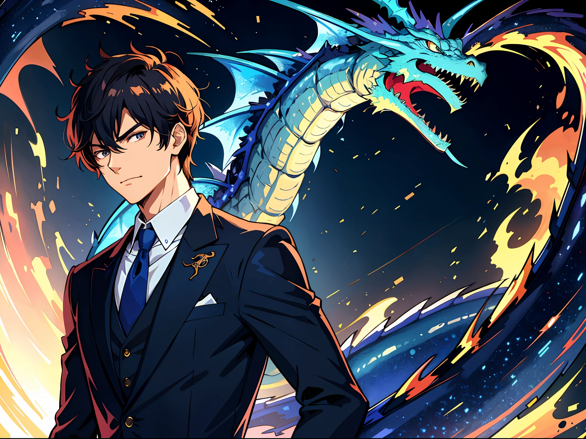 High resolution, highest quality, illustrations, super detail, a young man with an arrogant expression, showing an arrogant smile, and a translucent Azure Dragon phantom appeared behind him