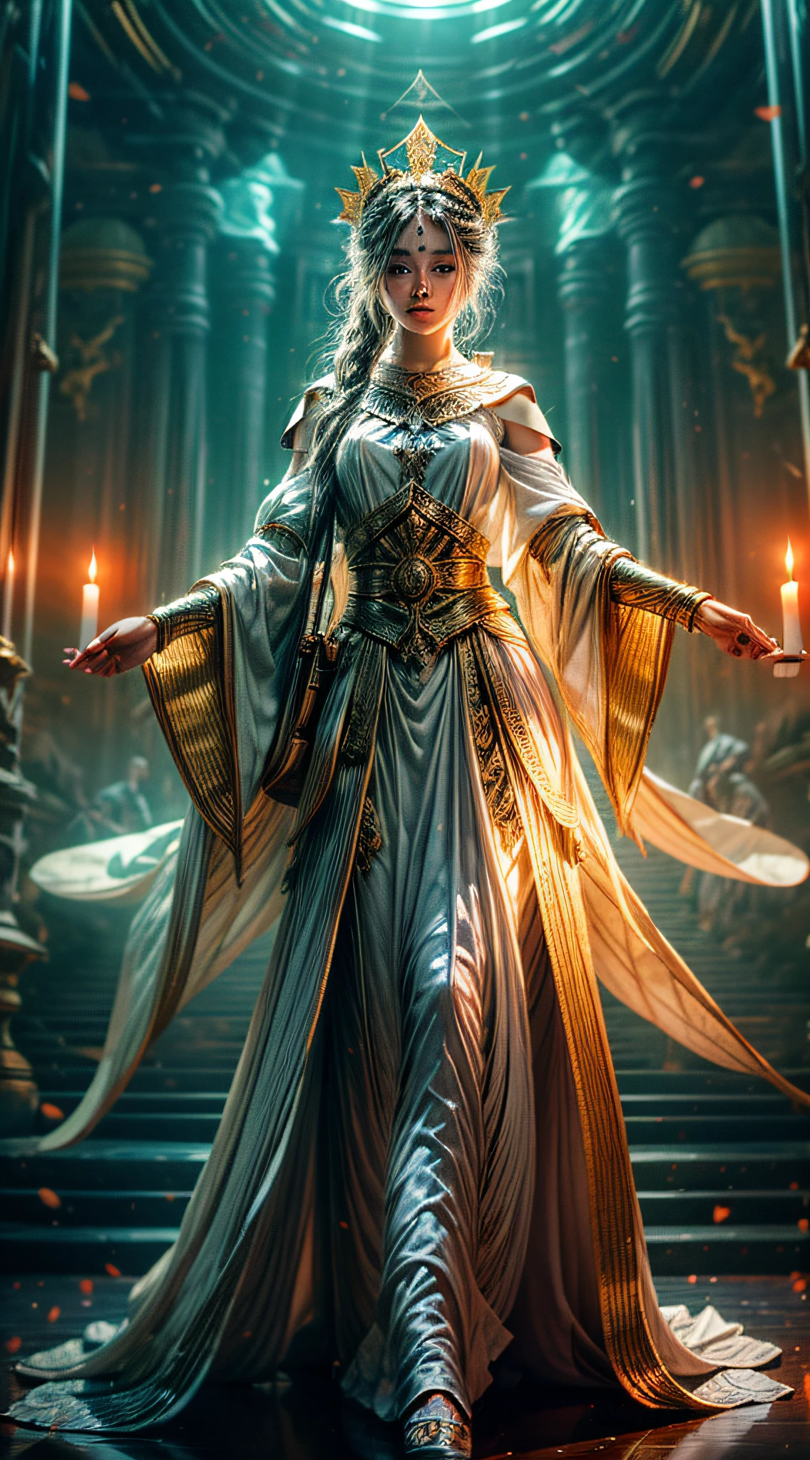 Best image quality, masterpiece level, ultra-high resolution, realism, fantasy theme, facial details, a girl, single, scattered, mythological theme, noble pose, white loose fringed long skirt, interior, candle, get detailed interior lighting and movie lighting, increase detailed overall ambient light, face and eye details, improve the realism of body details, clearly express sharp focus, angry expressions, fairy costumes, bright eyes, simple background, palace.