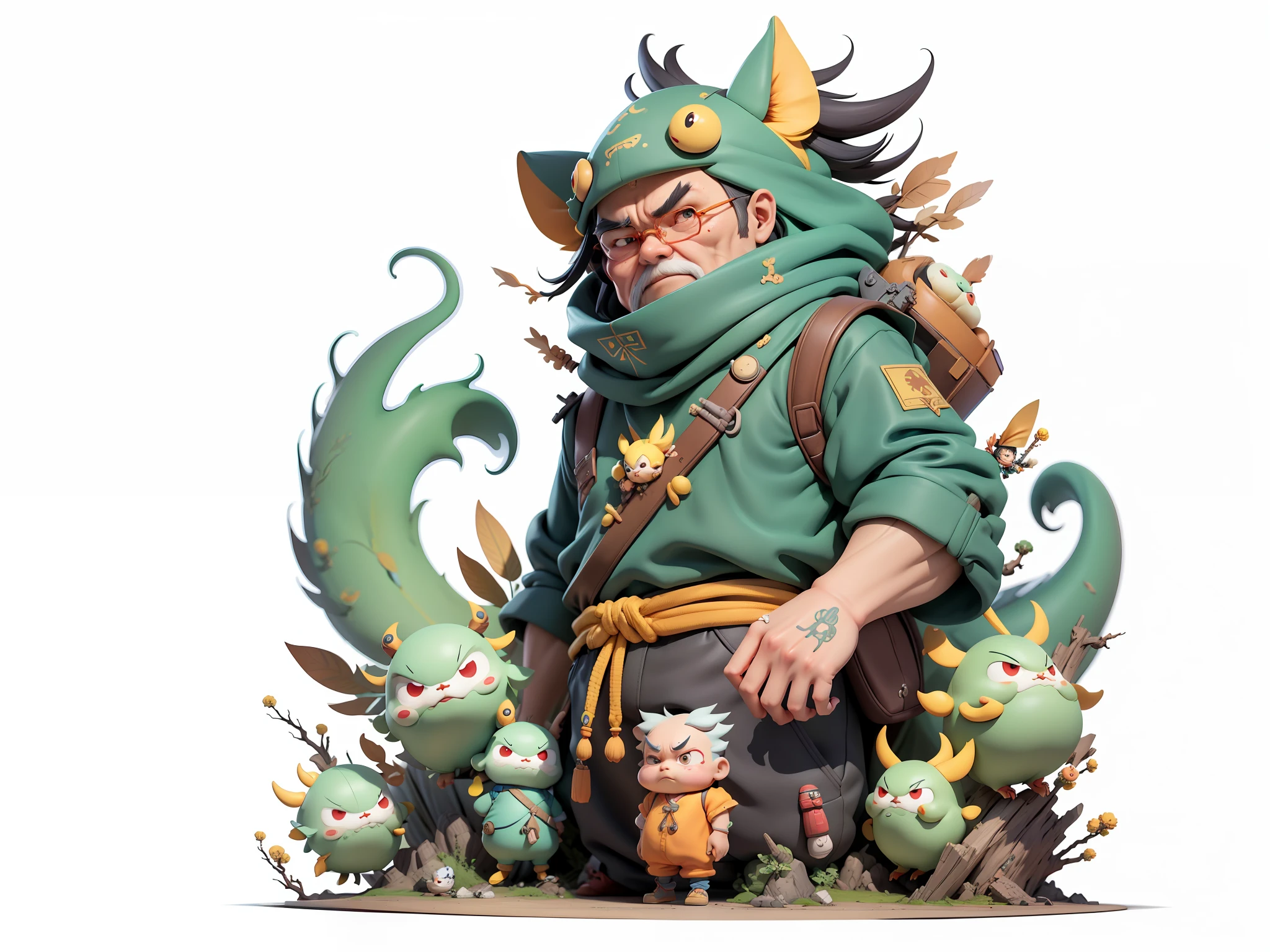 Aalfed man in headscarf and dragon shirt, Pengyin Yin J - Jiang Geping, Zeng Fanqian, Chen Xintong, Huang Huifeng, Liang Xing, Huang Guangjian, Leng Jun, Lin Xiang, Lin Qifeng, Luo Qisheng, Pan Chengwei, Wang Wei, Duan Xiang, Digital Painting, Mark Clairenden and Pixar and Hayao Miyazaki and Akira Toriyama 3D character design, the illustration is a 4K resolution HD illustration with very detailed facial features and cartoon style visuals.