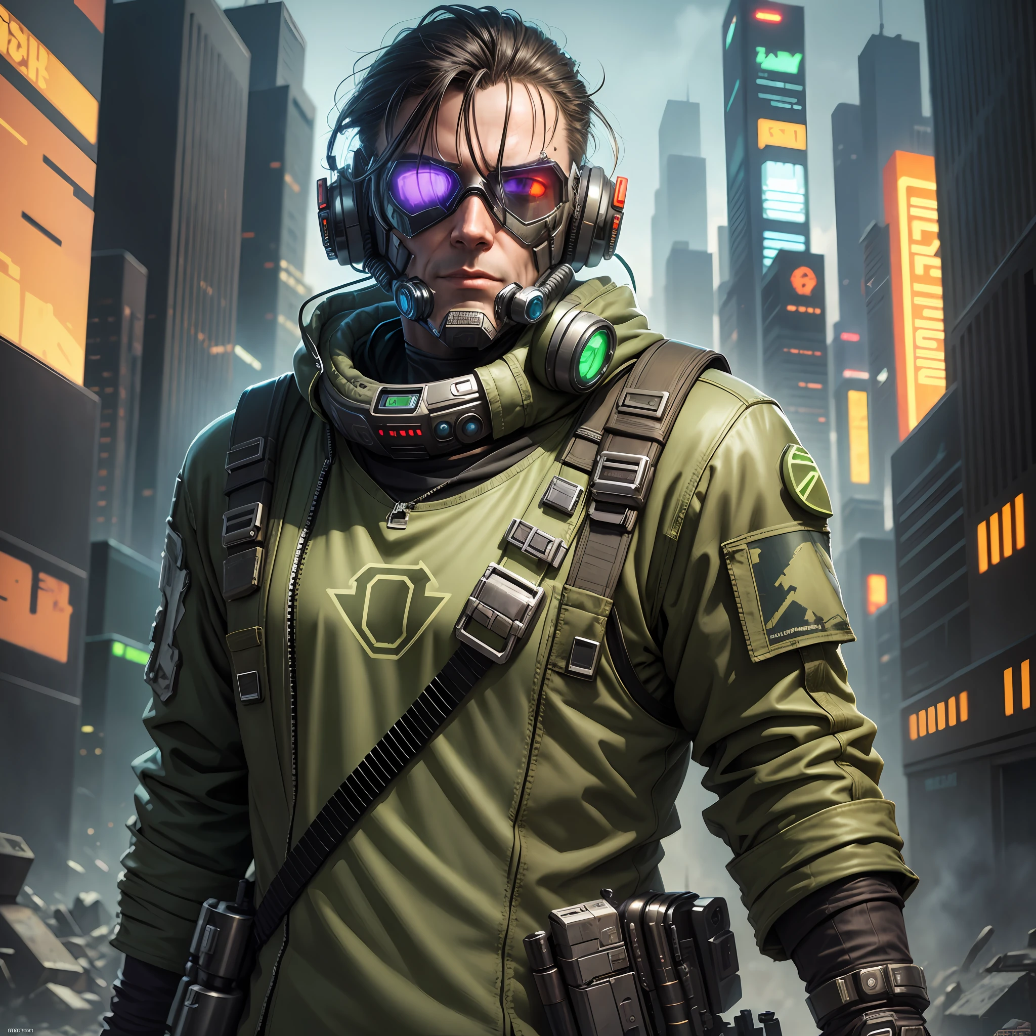 Master chief, post-apocalypse clothes, cyberpunk style, Bionic eye, scifi gear, pulp villain, by john la Gatta, post-apocalyptic urban fantasy art --auto --s2