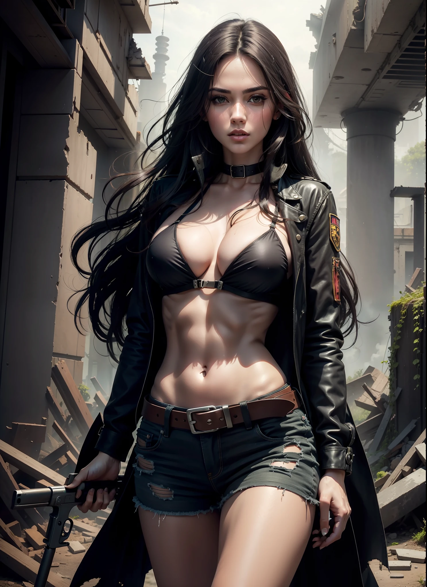 Beautiful woman, dark long hair, big chest, black jeans troop, belt, bikini, just one person, comm big gun, in ruins with greens