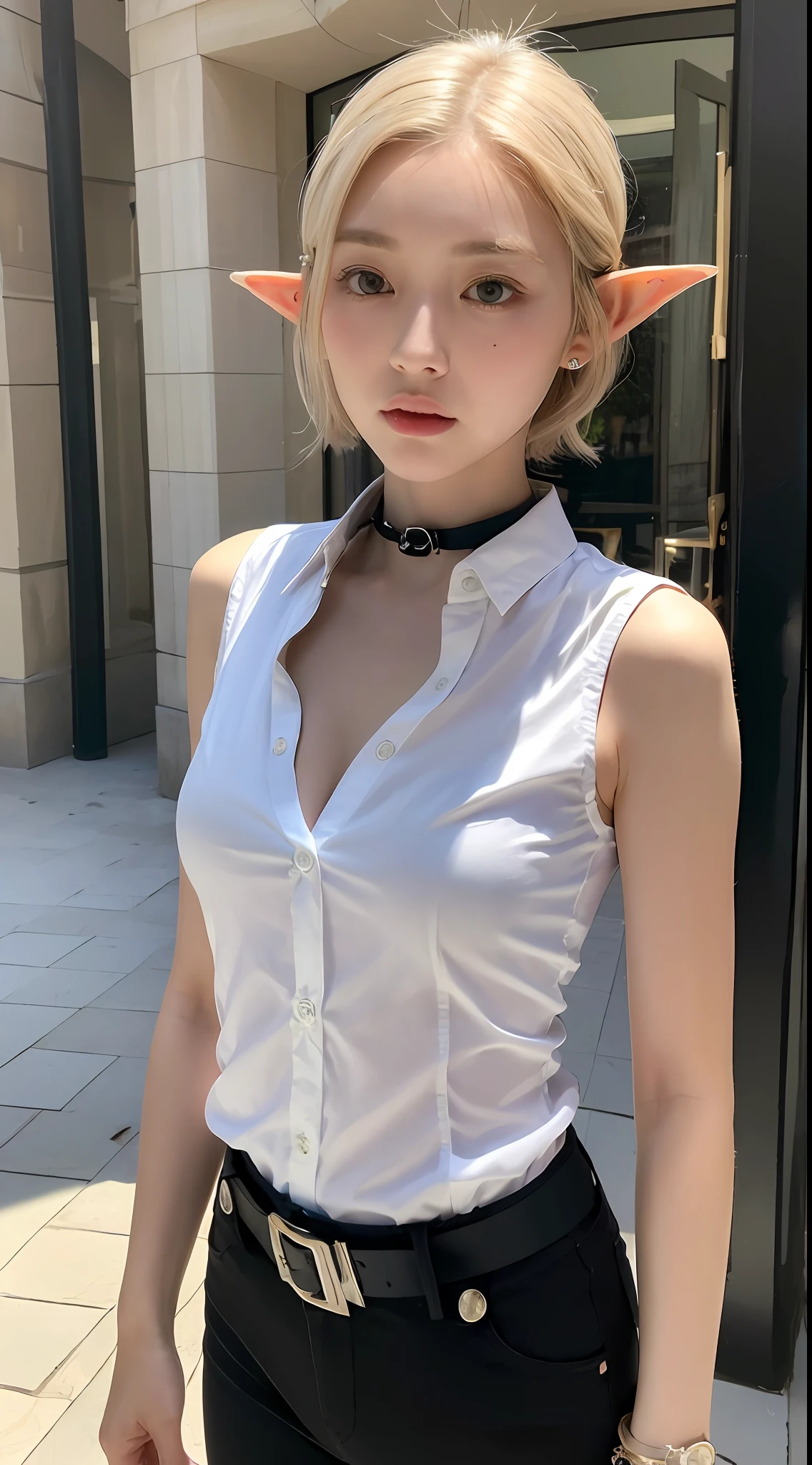 (natural lighting, top quality, 8k, masterpiece, raw photo: 1.3),mysterious, beautiful elf woman, fantasy, (( beautiful elf, little pointed little ears:1.2)), slender eyes, narrow eyes, symmetrical eyes, (highlight color hair, short cut hair, layer cut hair style), earrings, thin bracelet on wrist, (full body, White sleeveless shirt with collar, shirt with button collar, tight black pants: 1.2), ultra detailed, intricate details, highly detailed face and skin tone, slim body, detailed eyes, realistic, makeup, intellectual, bewitching, beautiful standing figure, small breasts, medieval european cityscape, street, night