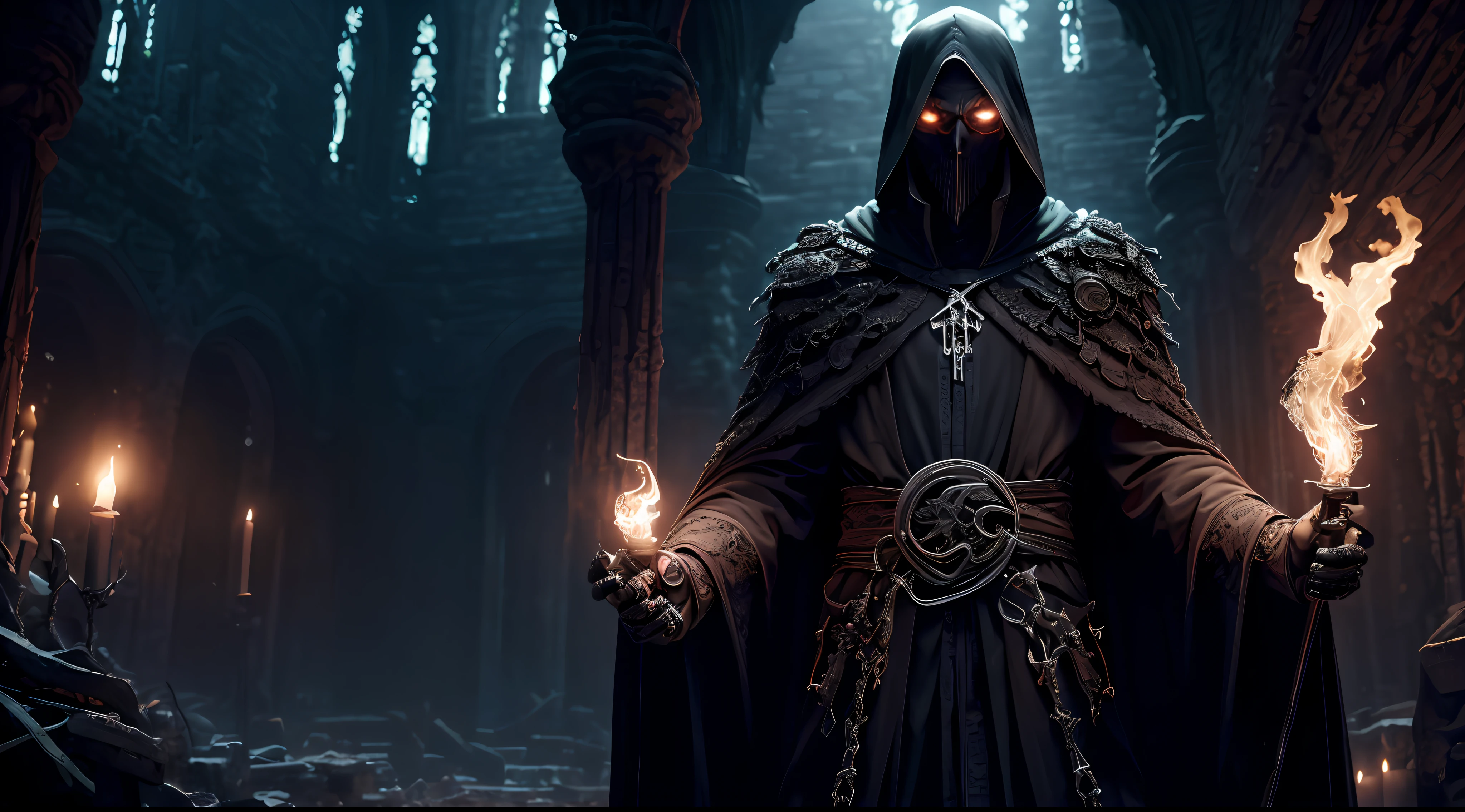 (extremely detailed 8k wallpaper), a necromancer wrapped in a black velvet cloak stolen from the darkness In a dark, abandoned dungeon, lit only by torches. His slender body is adorned with ominous details: a turtleneck cloak that conceals his pale face, garnished with rune inscriptions. His black robes are speckled with patches of dried blood, while his hands are bony and wrinkled. Intricate, High Detail, Dark, Dark Fantasy