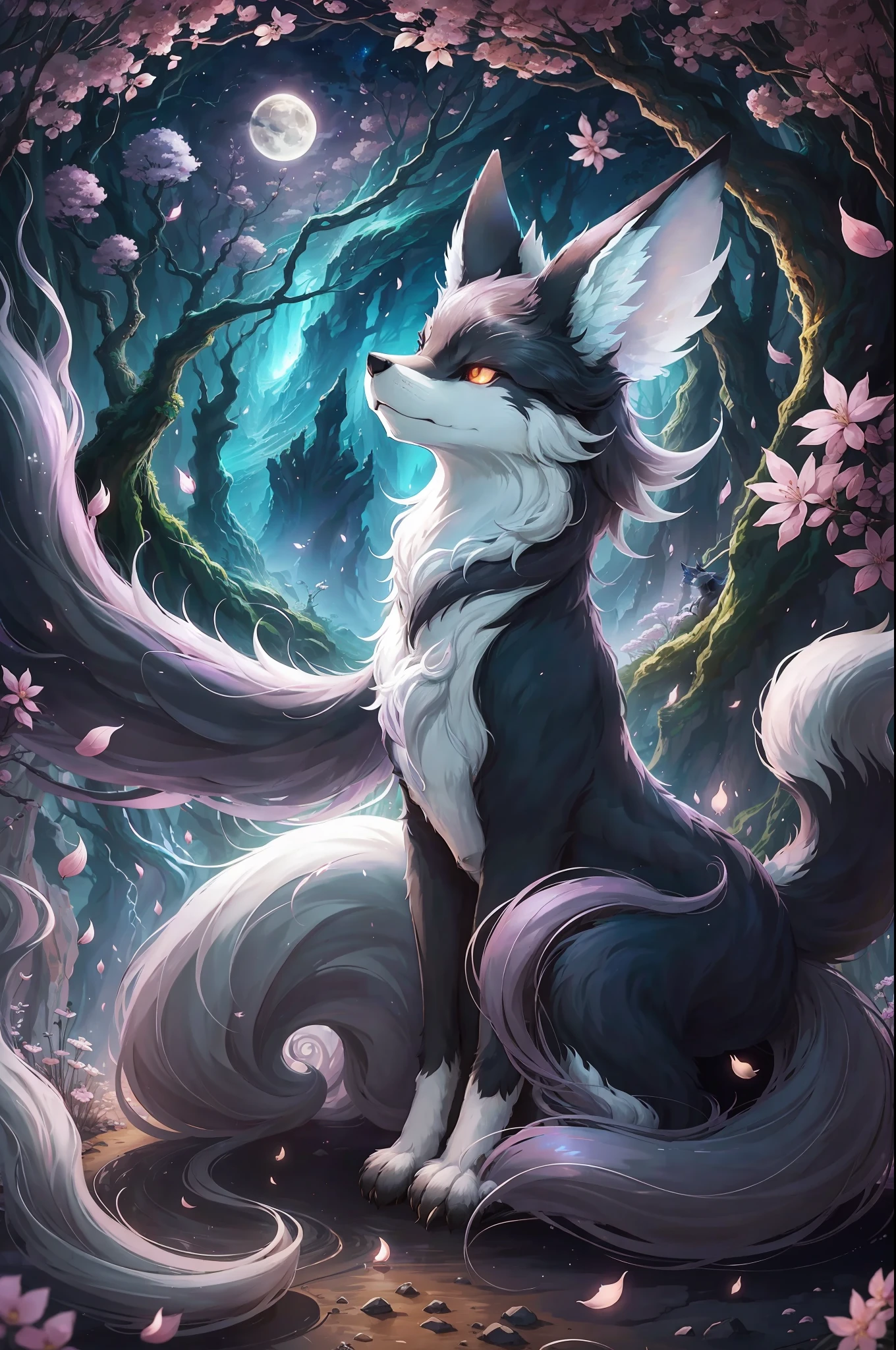 Fairy-like landscape, sacred nine-tailed black fox fairy, small head, majestic spirit, very visible hair, big tail, nine-tailed, nine-tailed, vista, very visible, Chinese art, clever lighting, hazy responsibility, Mohabak protecting the fox, stream, charming, immortal, fluffy, shiny mane, sideway full body, Wonderland, Studio Ghibli, Super wide Angle, 8k --auto --s2