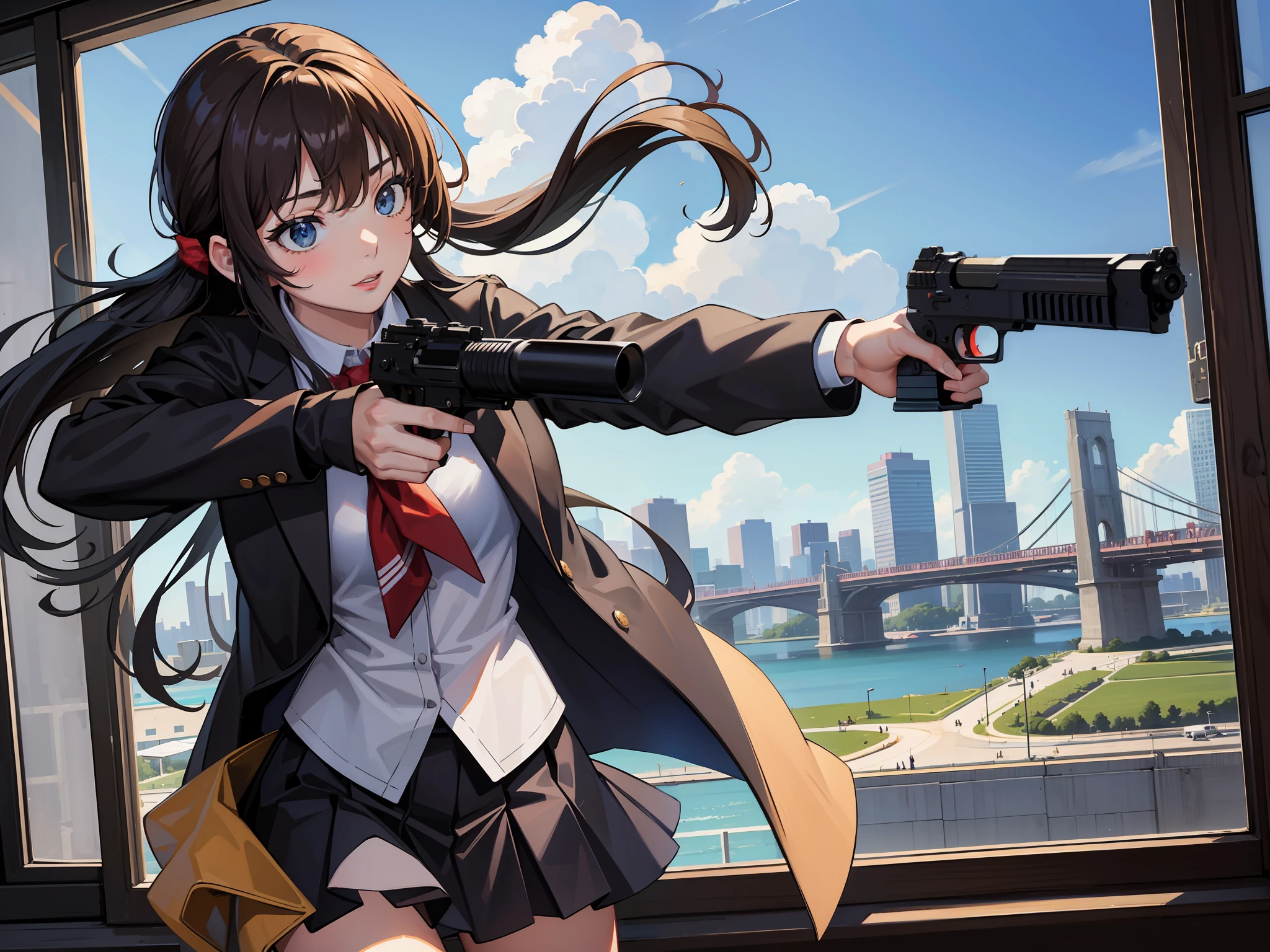 ((best quality)), ((masterpiece)), ((high res)), 1girl, high school uniform, city backdrop, cowboy shot, guns akimbo, shooting her pistols, shell casings, diving into plate glass window.
