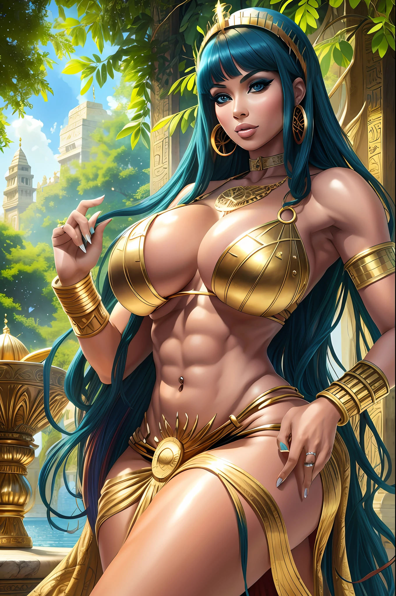 Cleopatra wearing a golden laurel crown, divine body, extremely beautiful, ancient egypt background, in a lush palace garden, jewelry, masterpiece, best quality, CG, wallpaper, HDR, high-definition, intricate details, perfect hands, french manicure, confident expression, (athletic, amazon goddess, toned abs, muscular, fbb, gigantic breasts, puffy, big areola, erect, (lustrous skin, immaculate skin, clean skin), (multicolored hair:1.2), detailed makeup, sexy pose, one leg in front, (outdoors:1.1), hourglass body, wide hips, narrow waist, micro waist, dynamic angle, looking at viewer