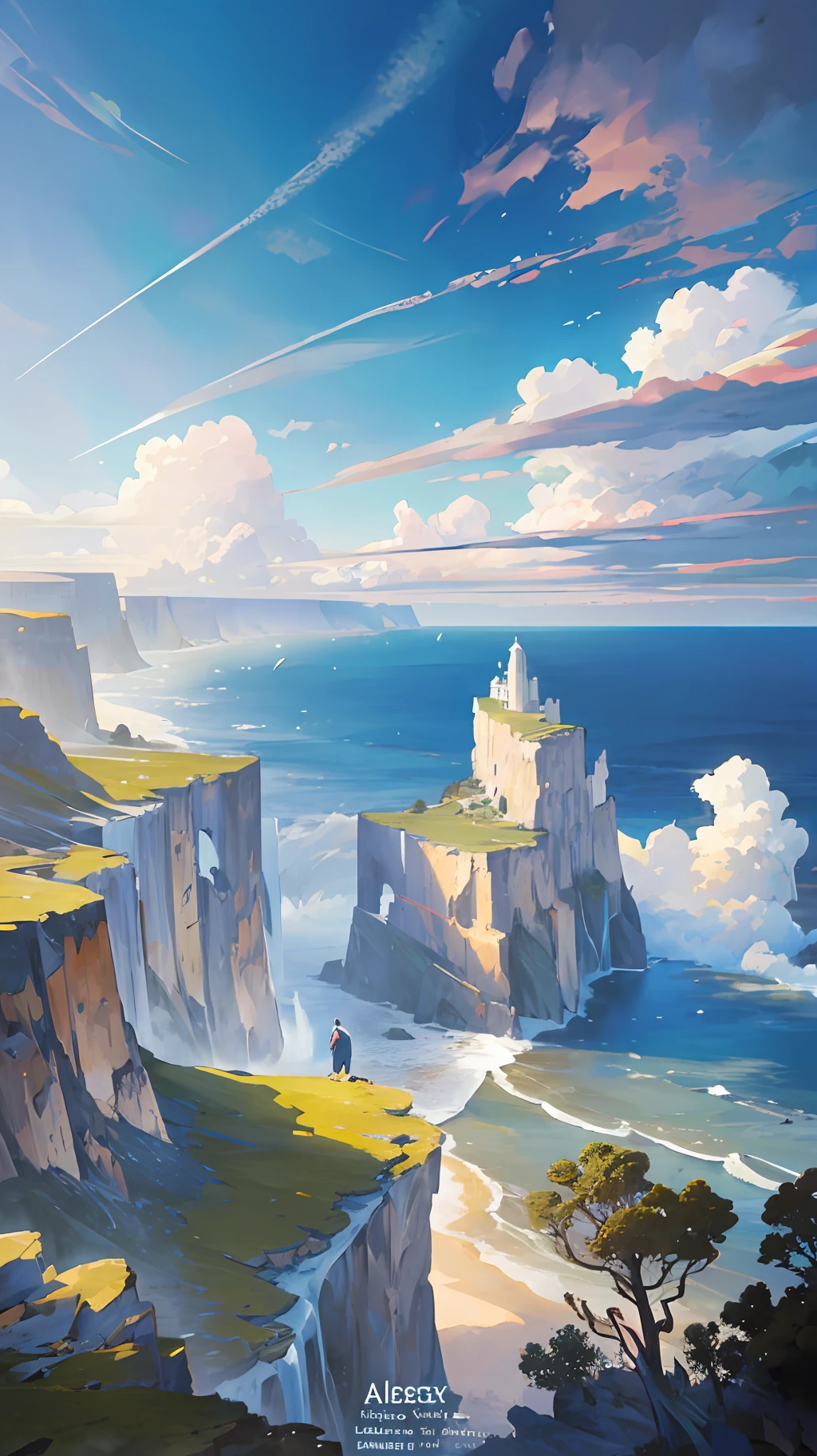 there is a man sitting on a cliff overlooking the ocean, max rive, ocean cliff view, breathtaking scenery, by Alexander Kucharsky, by Etienne Delessert, alexey egorov, breathtaking landscape, epic matte painting of an island, epic scenic shot, epic and stunning, cliffside ocean scene, amazing landscape in background, breathtaking shot, amazing landscape --auto --s2