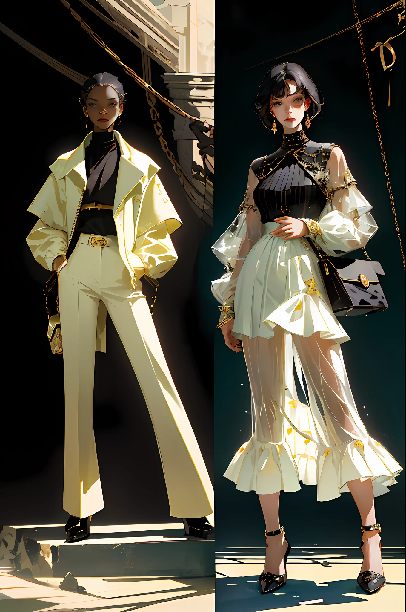 (best quality, masterpiece), 1girl, fashion clothes, gucci, model, fine details on face, elegant, fashion, whole body, legs showing, amazing details, movie light, light eyes, (dark circles), stylist clothes, neutral colors, dark hair, indirect light, (black hair)