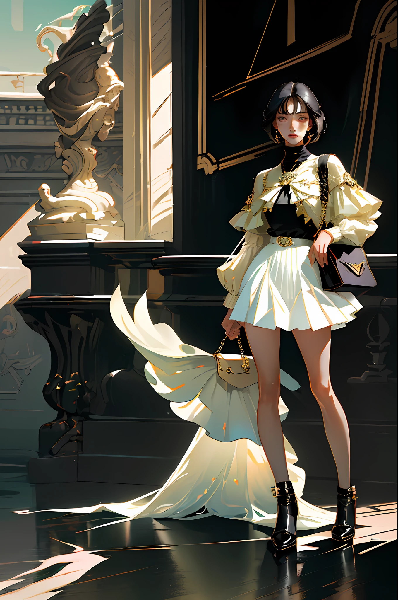 (best quality, masterpiece), 1girl, fashion clothes, gucci, model, fine details on face, elegant, fashion, whole body, legs showing, amazing details, movie light, light eyes, (dark circles), stylist clothes, neutral colors, dark hair, indirect light, (black hair)