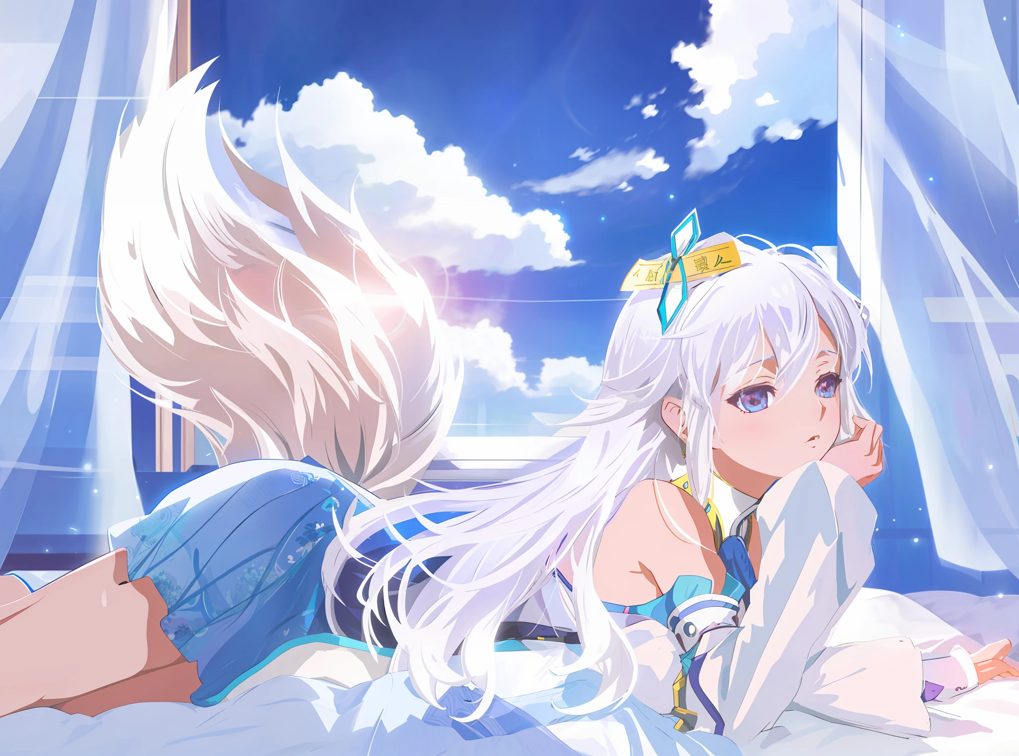 Girl lying on bed, eyes open, head resting on hands, white hair, anime style 4 K, night core, advanced digital anime art", high quality anime art style, official artwork