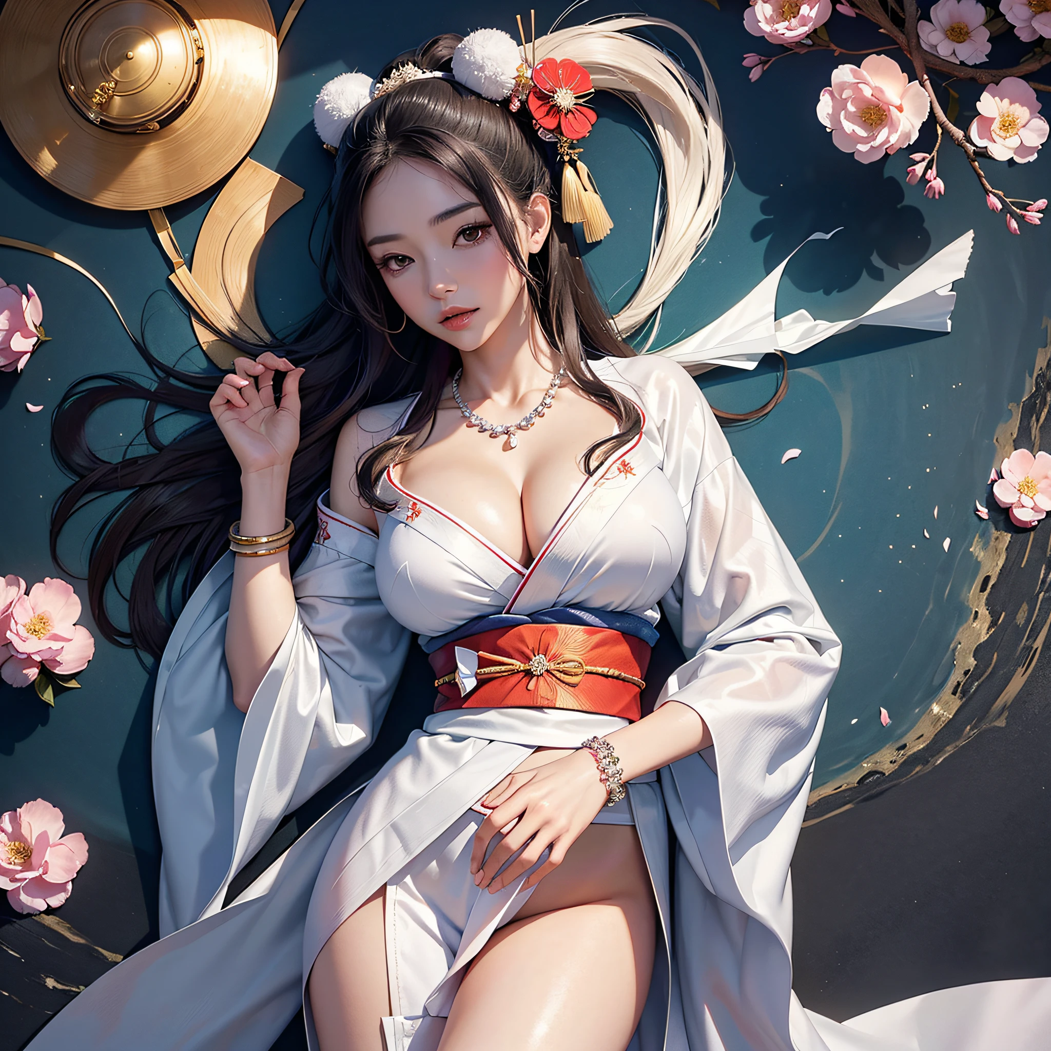 (legs wide open, crotch wide open), (cinematic light, top quality, 8K, masterpiece: 1.3), (world wonderful, goddess of Japan, Japan beautiful girl, Korean goddess), (upper body), (one girl), (necklace, bracelet, anklet, leg ring), (huge, cleavage, exposed breasts, sexy cleavage, highly detailed breasts), (huge breasts), (huge breasts), À la Fed woman in kimono, kimono, classic kimono, kimono, Japan kimono, long beautiful flowing kimono, intricate geisha kimono, white kimono with butterfly pattern, Japanese style, wearing kimono, legs open, crotch open, inspired by Kano Hōgai,