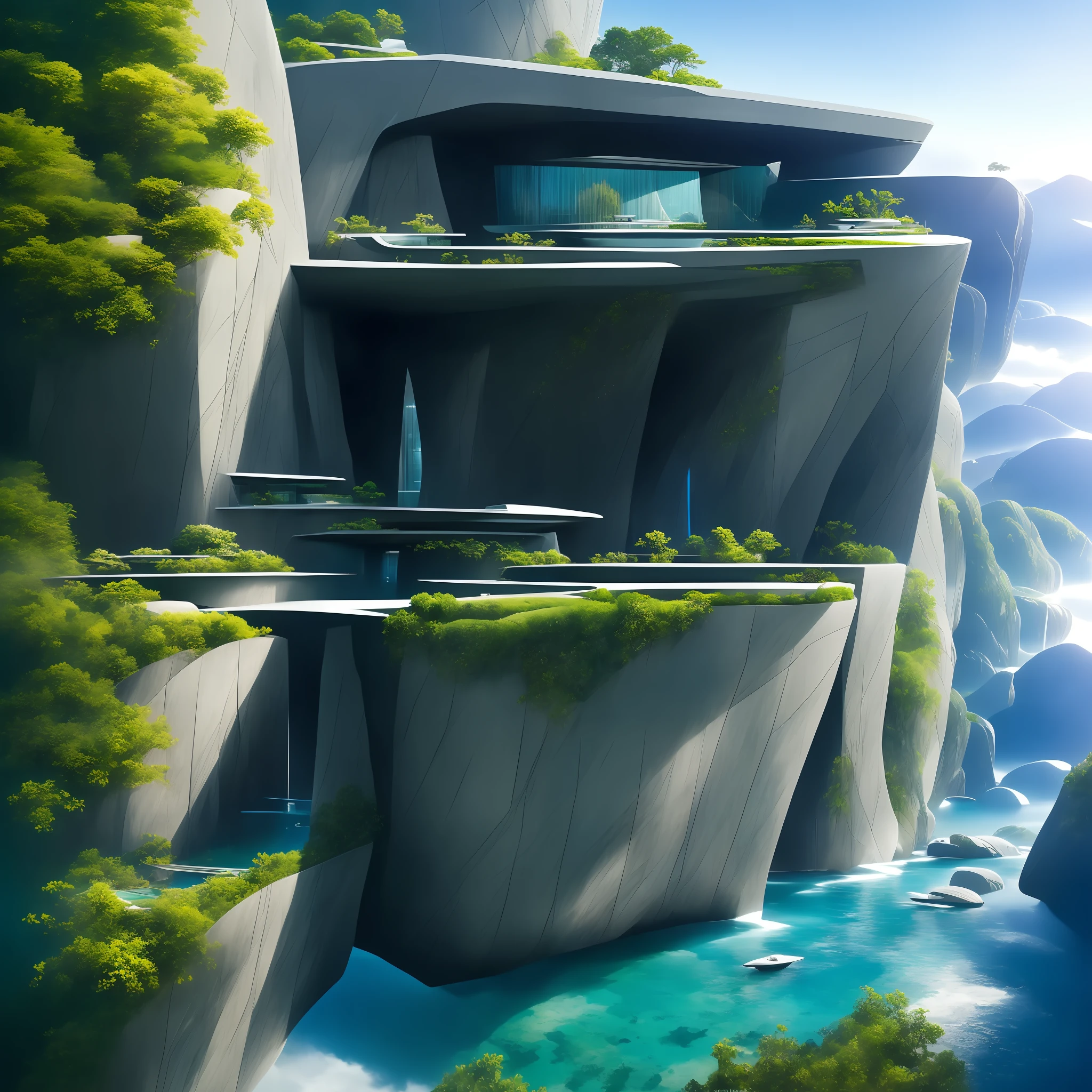 a modern futuristic design large cliff House's with a artificial waterfall and a pool in the middle, nature meets architecture, built around blue ocean, realistic beehive architecture, organic architecture, very close to real nature, breathtaking render, island with cave, stunning architecture, luxury architecture, realistic fantasy render, by Zha Shibiao, epic and stunning, architectural visualization, epic architecture, concept art. 8 k