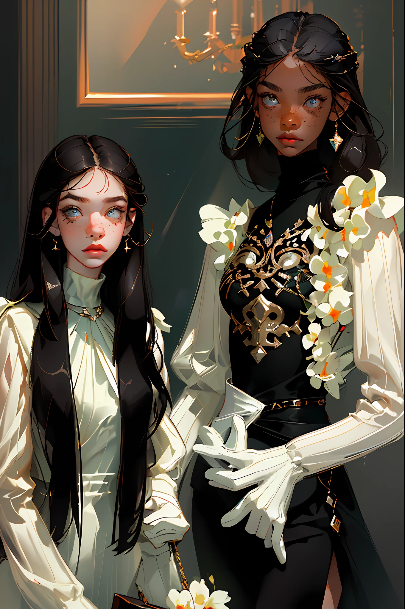 (best quality, masterpiece), 3girl, friends, models, fashion clothes, gucci, model, fashion, fixed look, fine details on the face, elegant, fashion, movie light, light eyes, (dark circles), small freckles on the face, designer clothes, neutral colors, dark hair, indirect light, (black hair)
