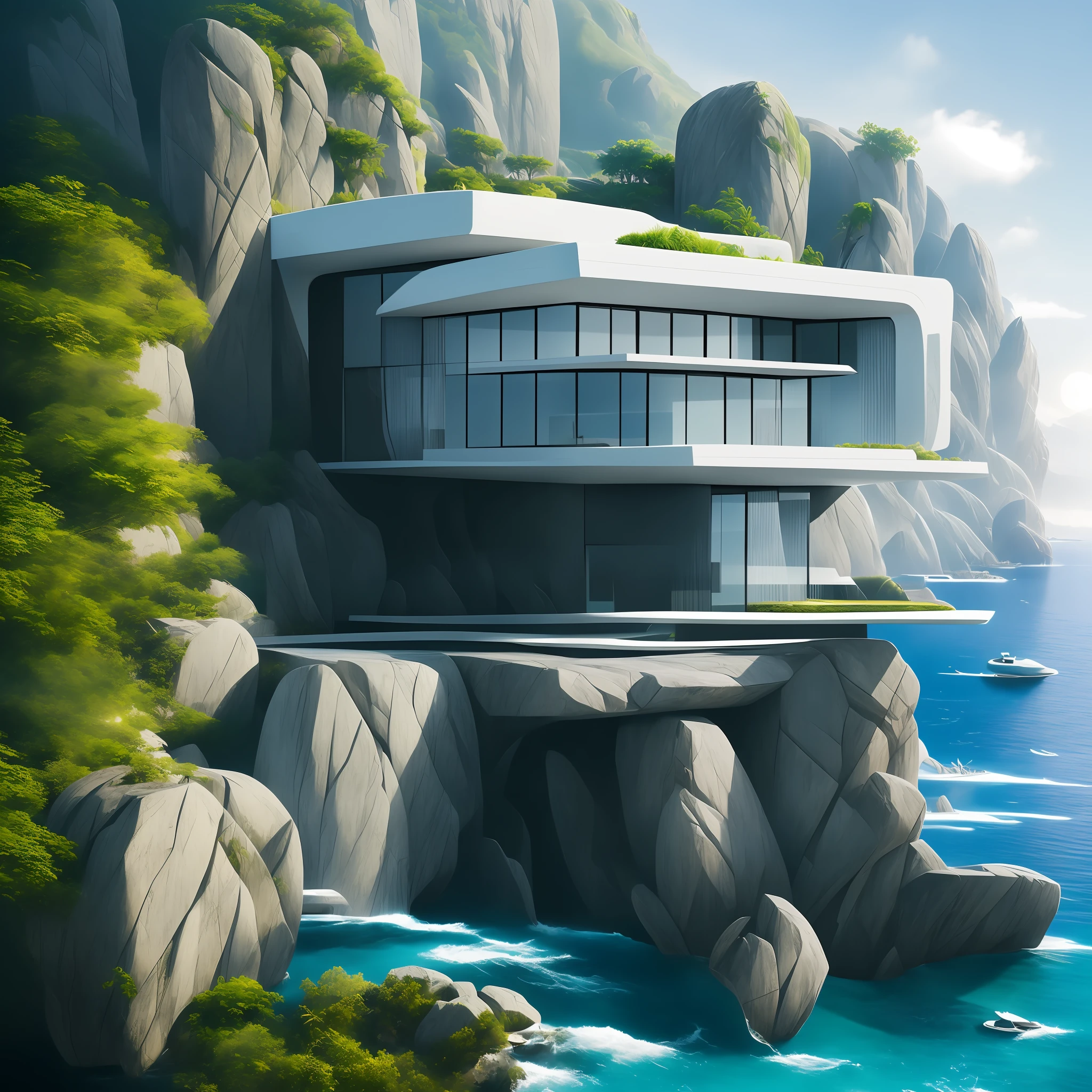 a modern futuristic design large cliff House's with a artificial waterfall and a pool in the middle, nature meets architecture, built around blue ocean, realistic beehive architecture, organic architecture, very close to real nature, breathtaking render, island with cave, stunning architecture, luxury architecture, realistic fantasy render, by Zha Shibiao, epic and stunning, architectural visualization, epic architecture, concept art. 8 k