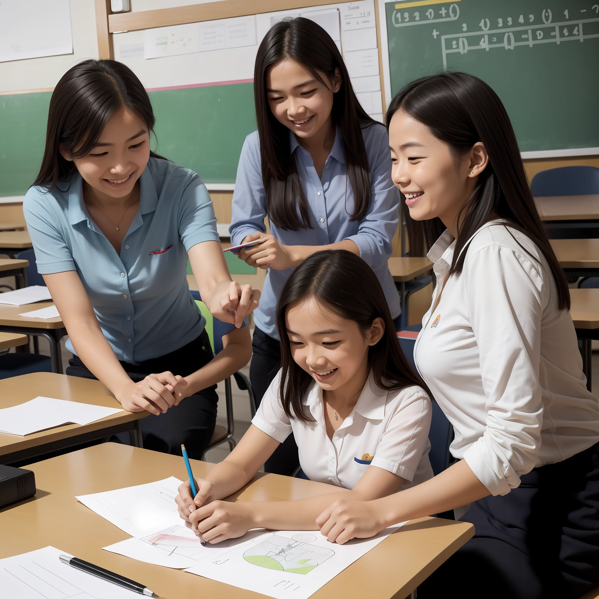 1 teacher, 1 student, happiness, laughter, exchange, math, literature, drawing class