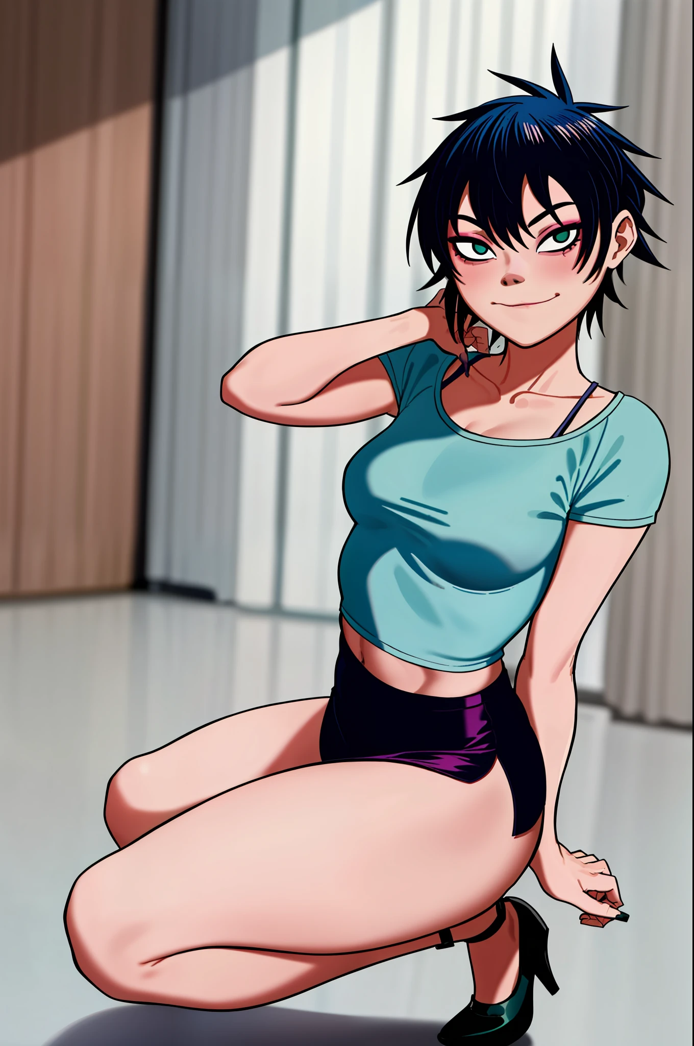 noodle (gorillaz), masterpiece, best quality, solo, blue hair, makeup, bangs, short hair, portrait, green eyes with pupils, small breasts, blush, sexual expression, sexy butt, seductive, hair covering eyes, looking back, фон музыкальной студии, pink crop top, skirt, high heels, 5 fingers